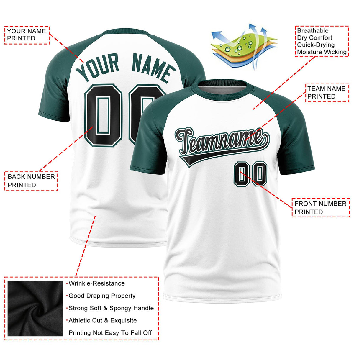 Custom White Midnight Green Raglan Sleeves Performance T-Shirt