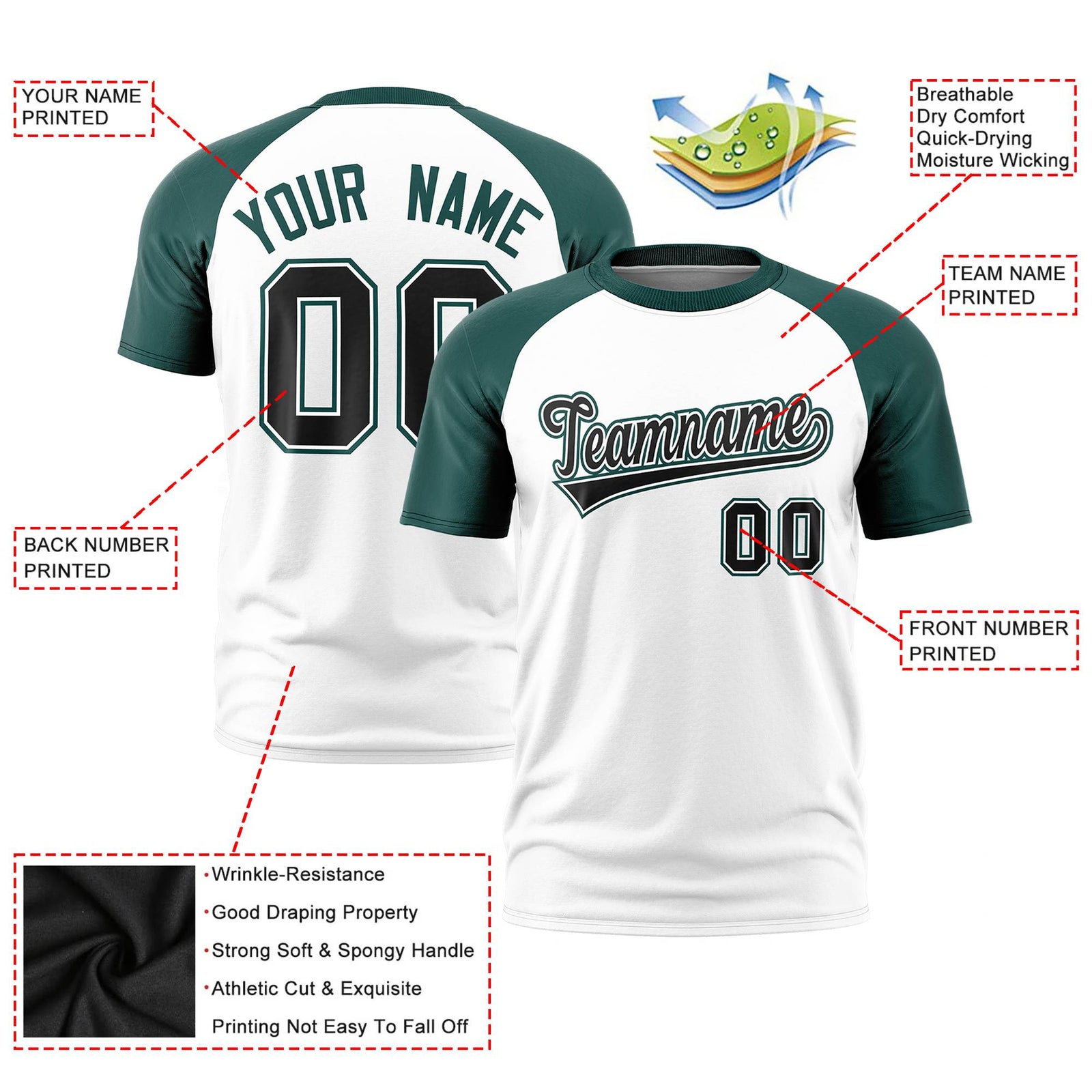 Custom White Midnight Green Raglan Sleeves Performance T-Shirt