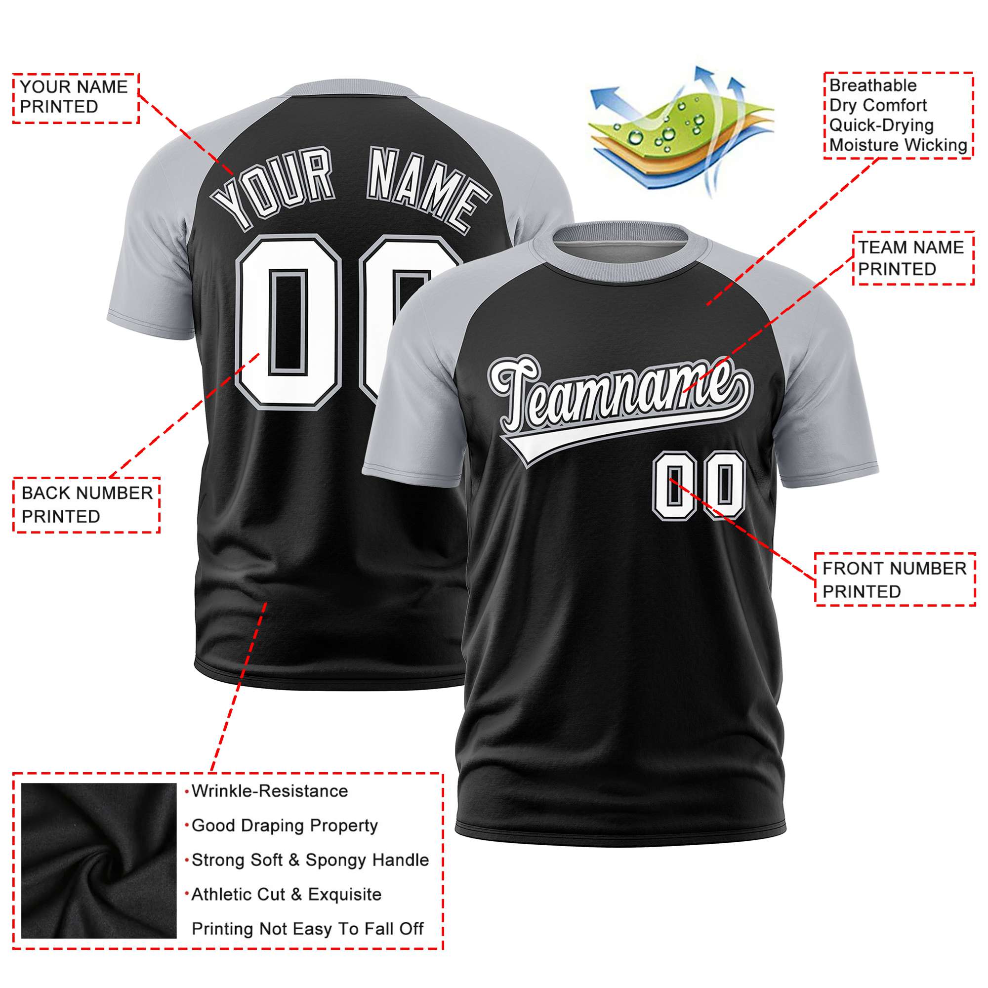 Custom Black Gray Raglan Sleeves Performance T-Shirt