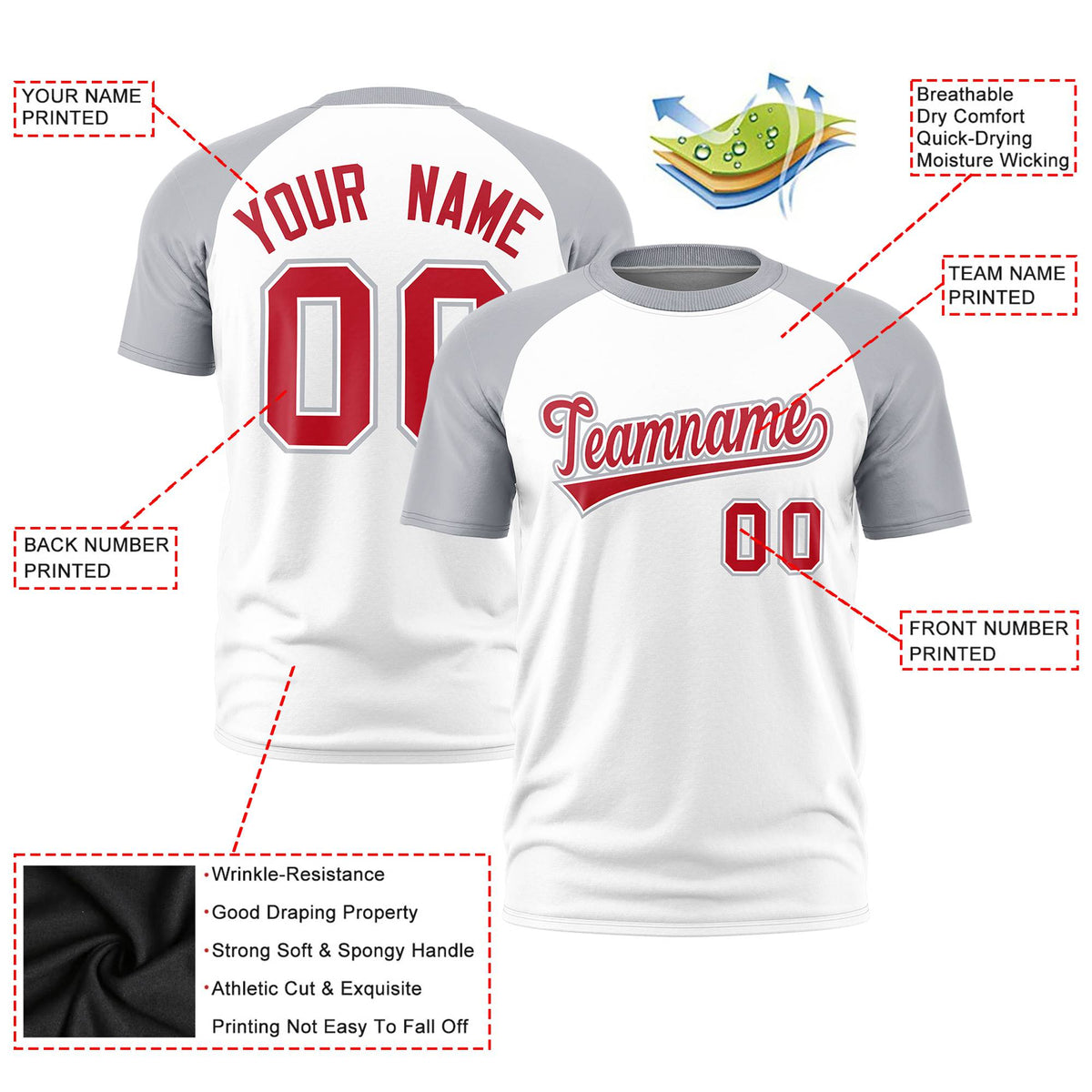 Custom White Gray Raglan Sleeves Performance T-Shirt