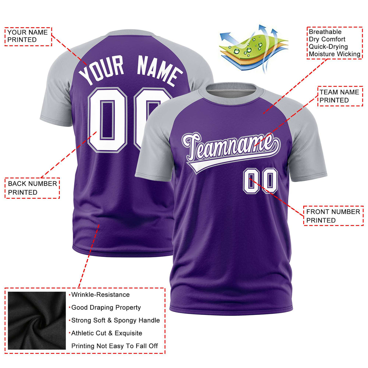 Custom Purple Gray Raglan Sleeves Performance T-Shirt