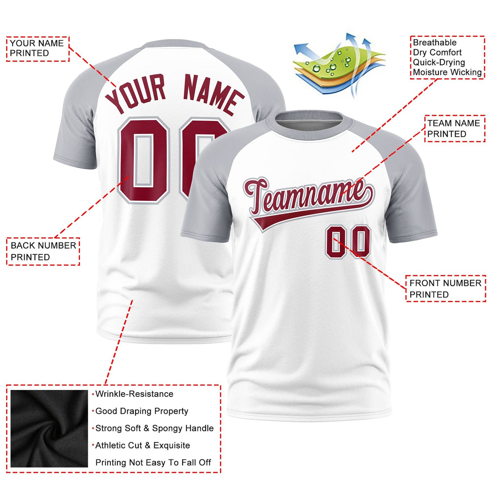 Custom White Gray Raglan Sleeves Performance T-Shirt
