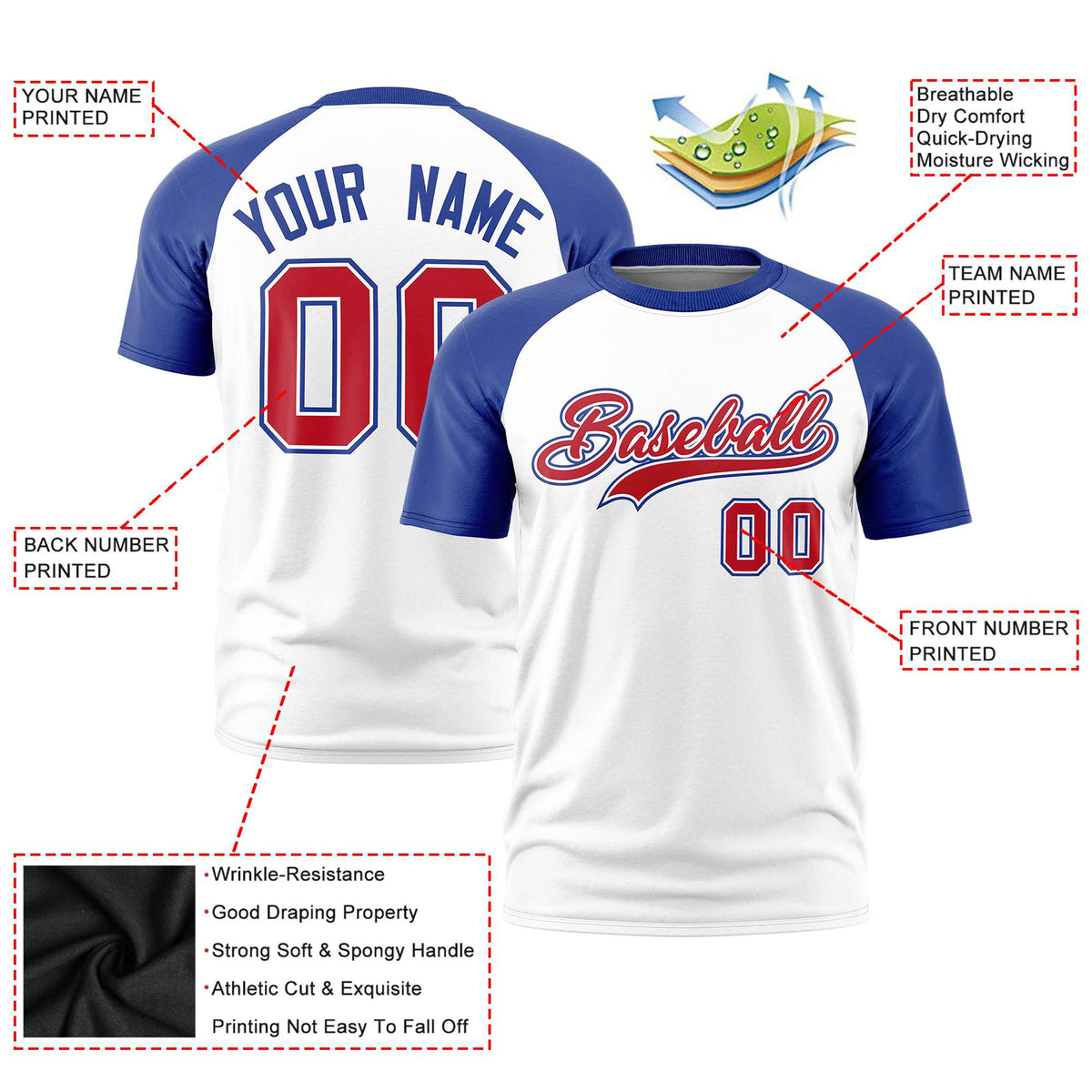 Custom White Royal Blue Raglan Sleeves Performance T-Shirt