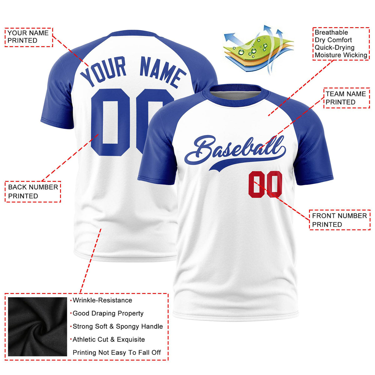 Custom White Royal Blue Raglan Sleeves Performance T-Shirt