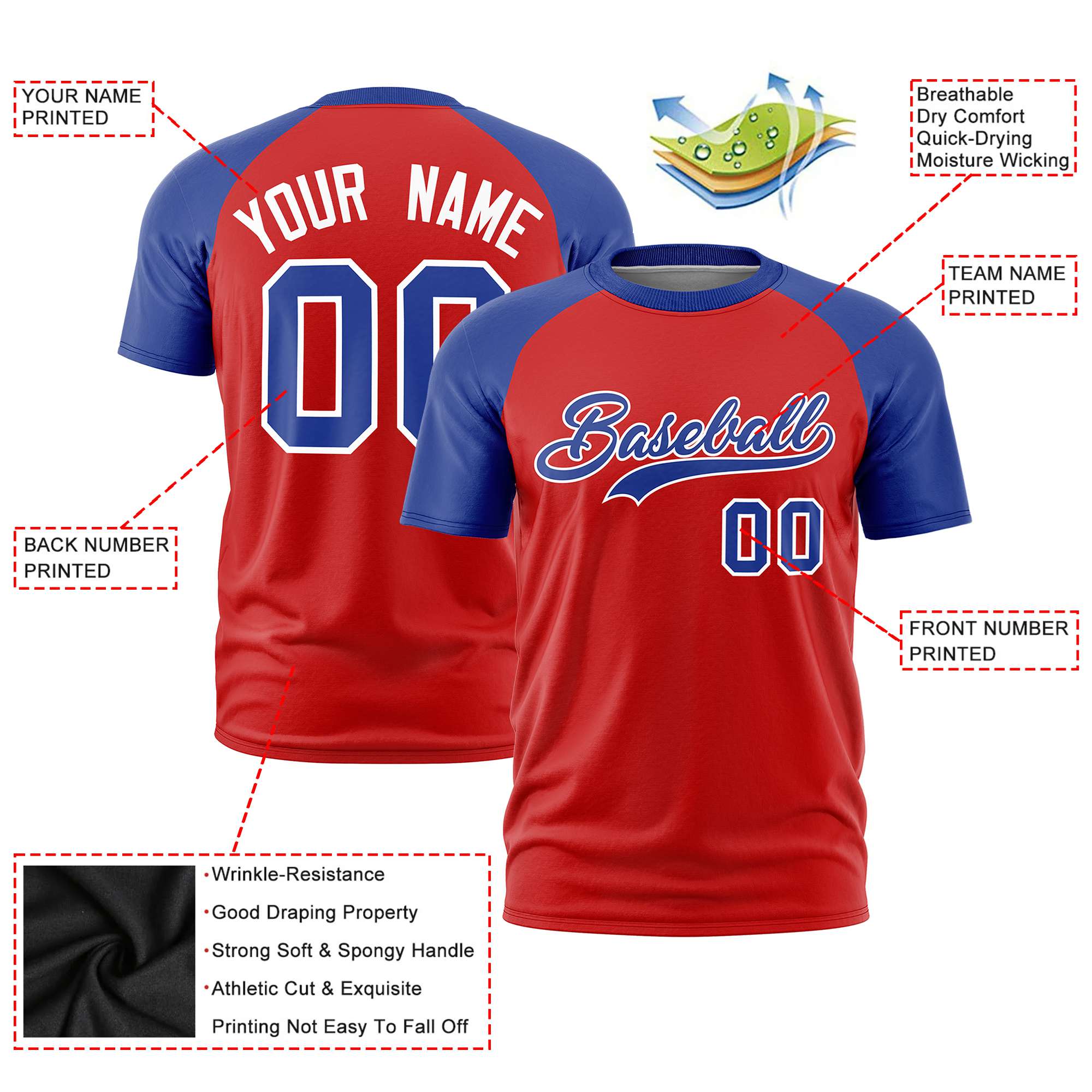 Custom Red Royal Blue Raglan Sleeves Performance T-Shirt