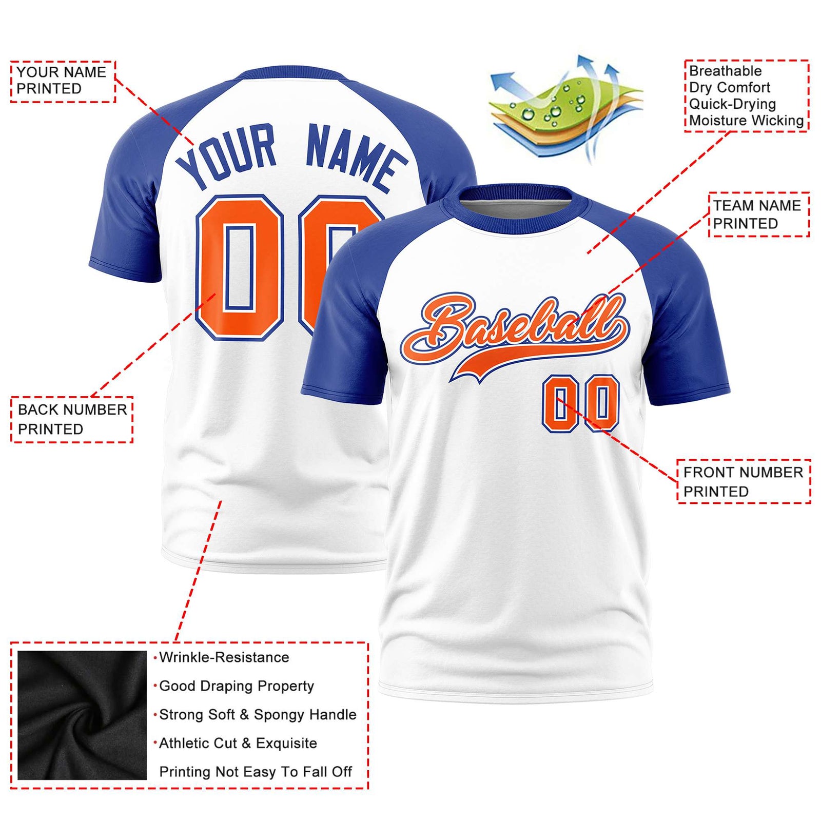Custom White Royal Blue Raglan Sleeves Performance T-Shirt