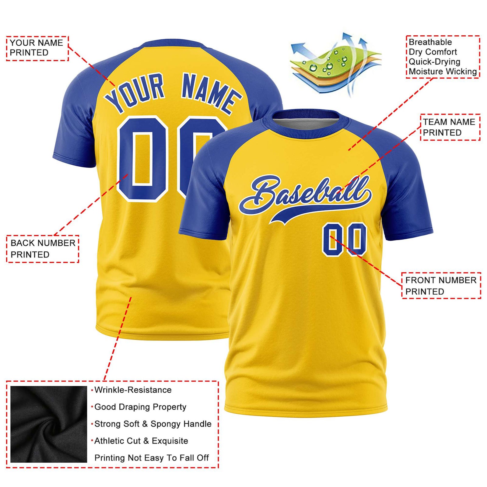 Custom Yellow Royal Blue Raglan Sleeves Performance T-Shirt