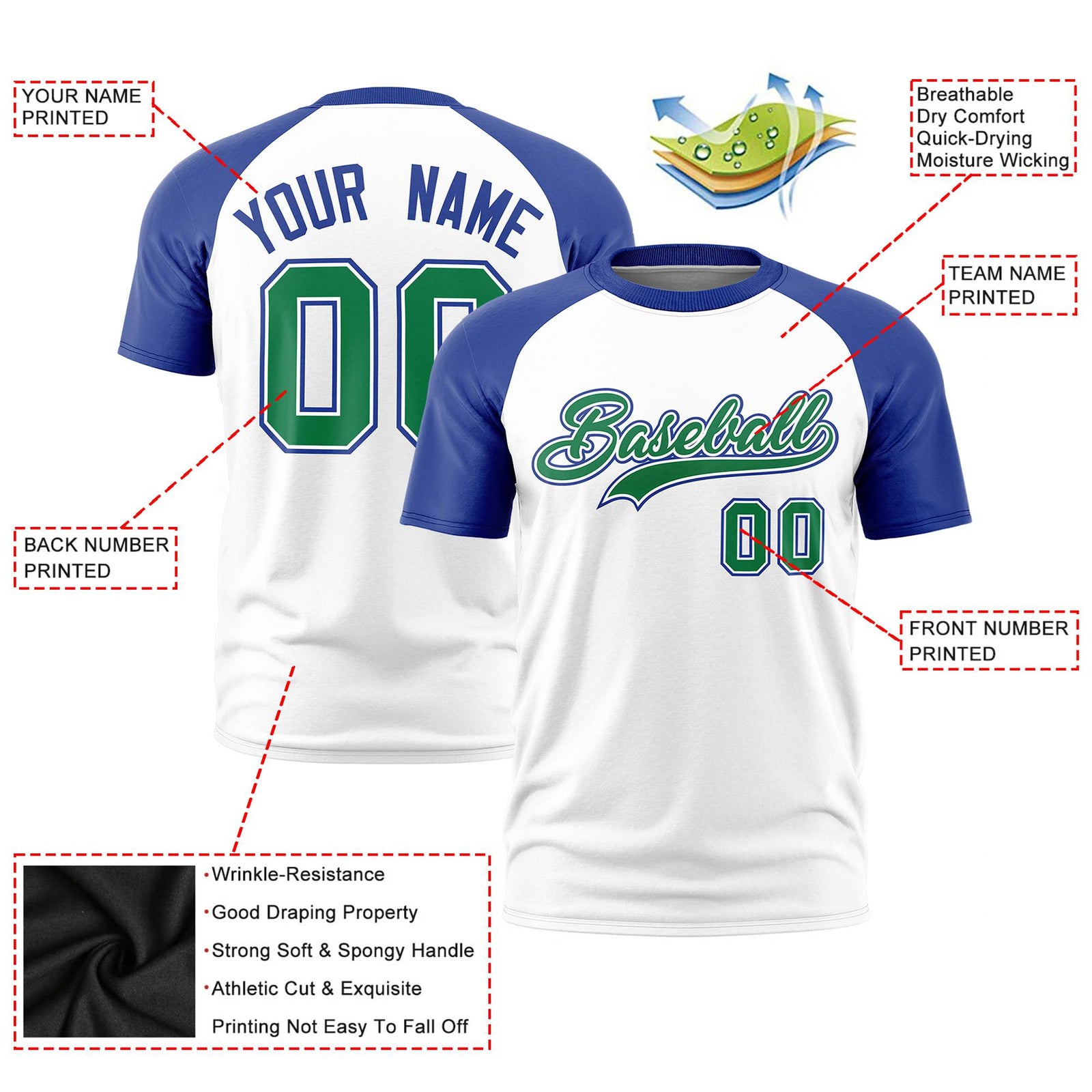 Custom White Royal Blue Raglan Sleeves Performance T-Shirt