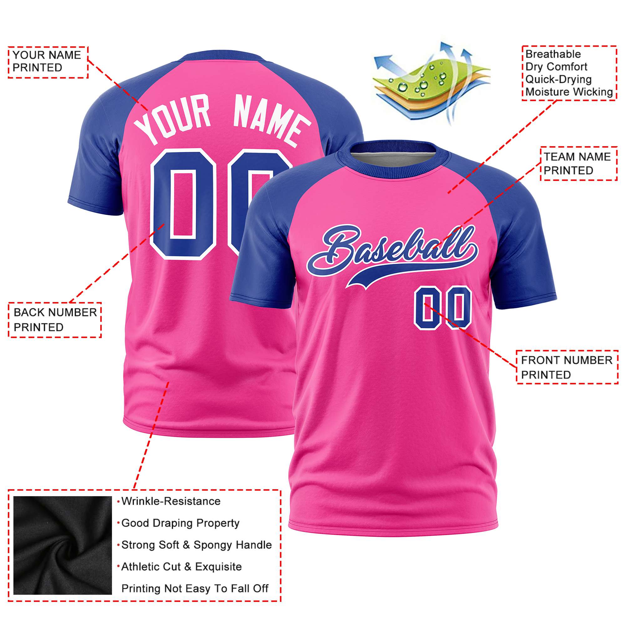 Custom Pink Royal Blue Raglan Sleeves Performance T-Shirt