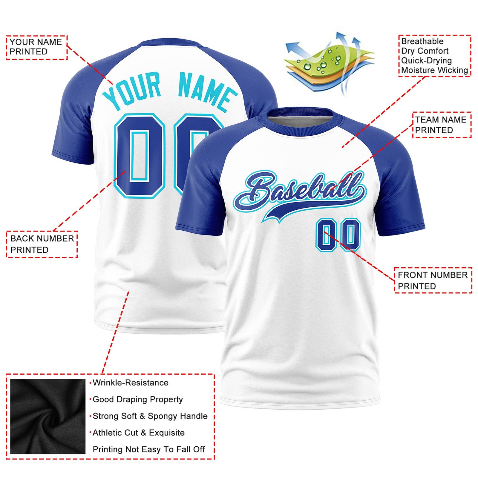 Custom White Royal Blue Raglan Sleeves Performance T-Shirt