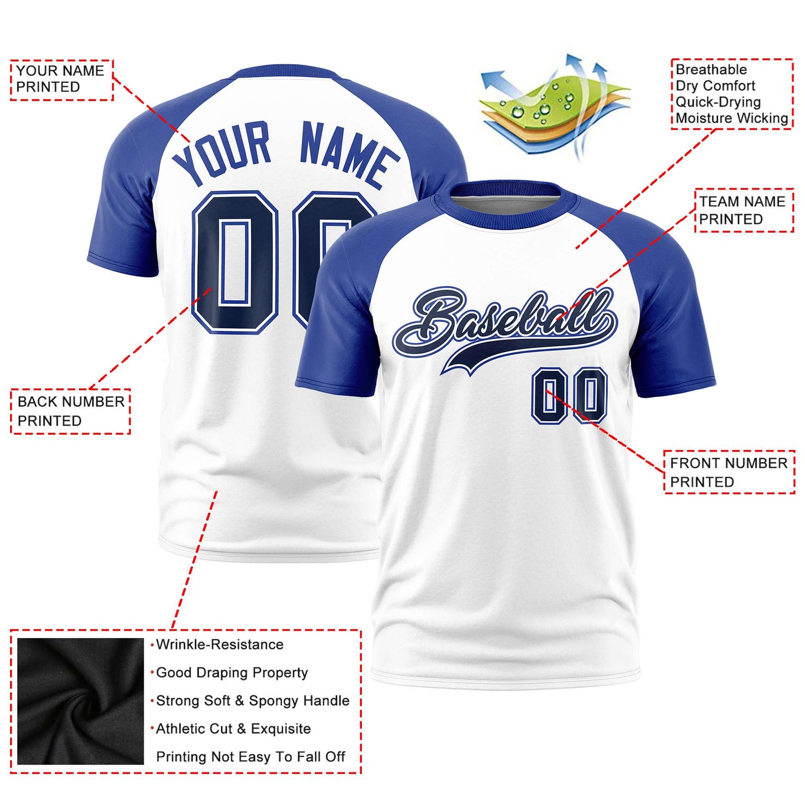 Custom White Royal Blue Raglan Sleeves Performance T-Shirt