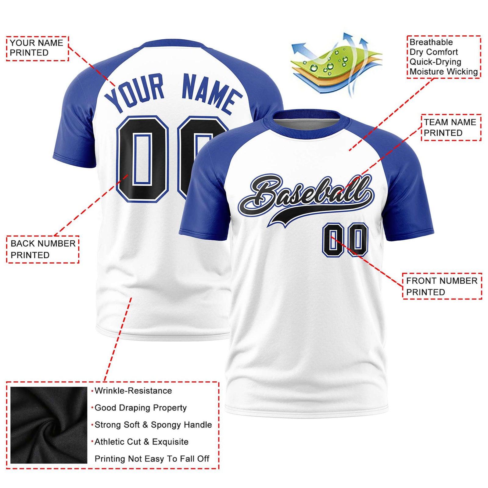 Custom White Royal Blue Raglan Sleeves Performance T-Shirt