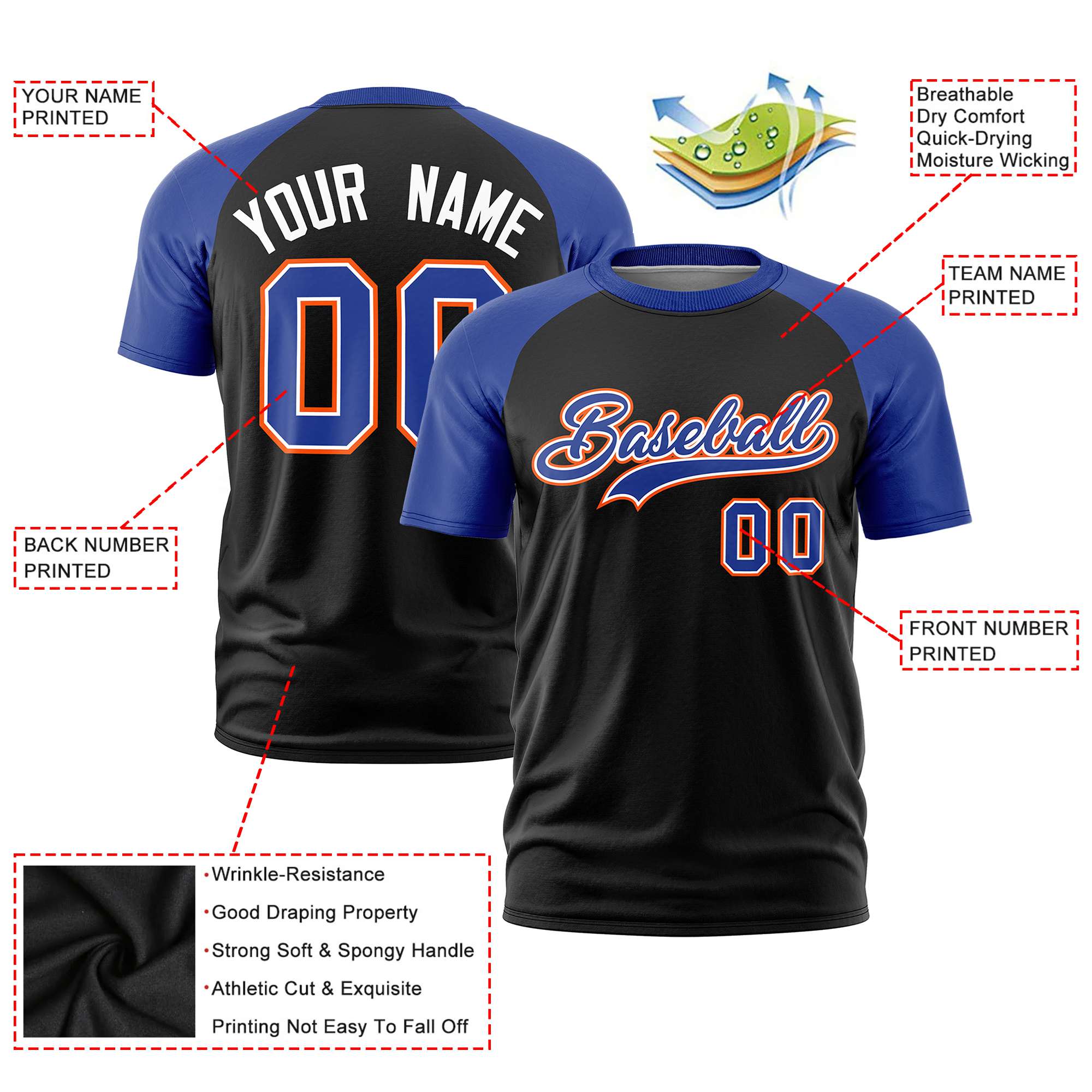 Custom Black Royal Blue Raglan Sleeves Performance T-Shirt