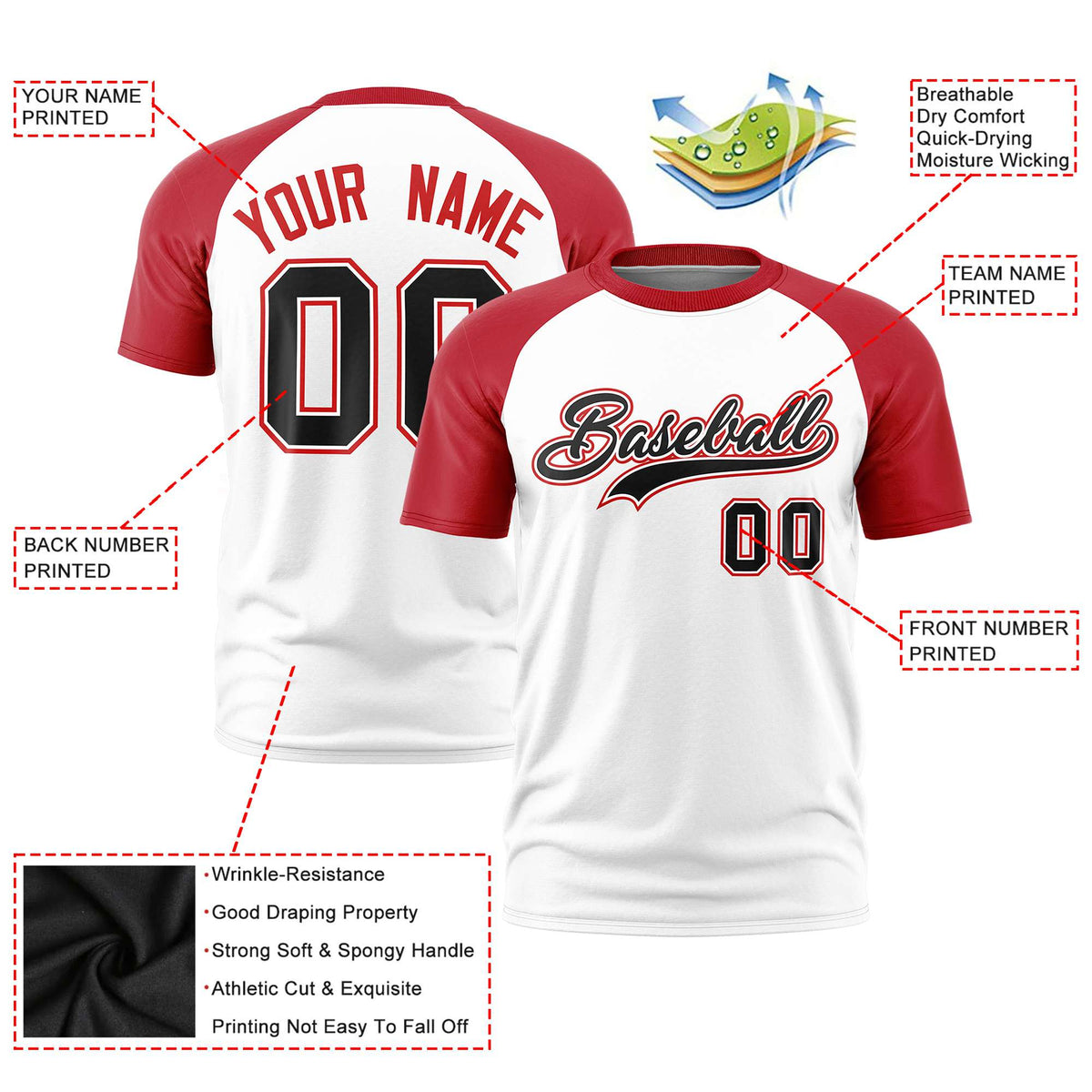 Custom White Red Raglan Sleeves Performance T-Shirt