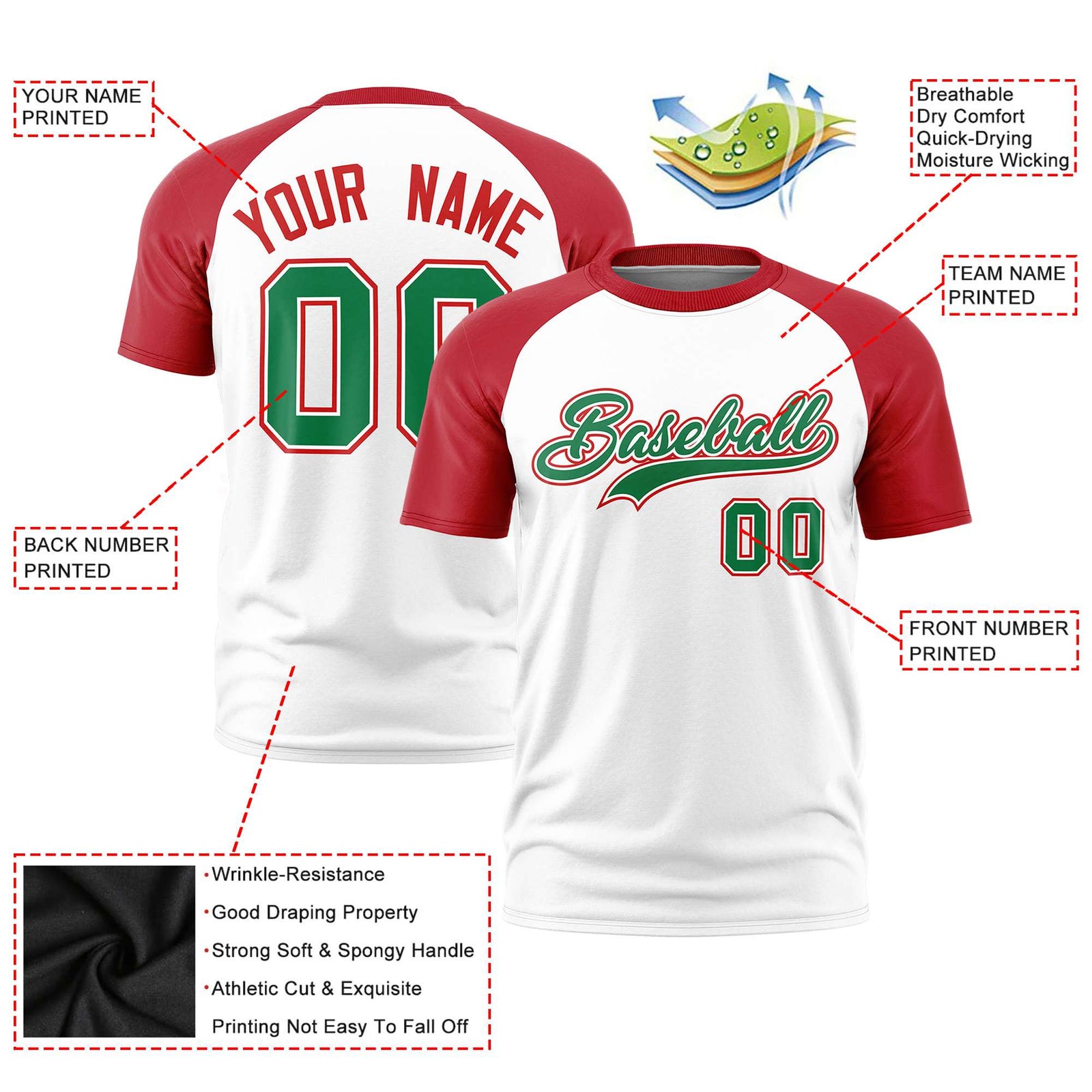 Custom White Red Raglan Sleeves Performance T-Shirt