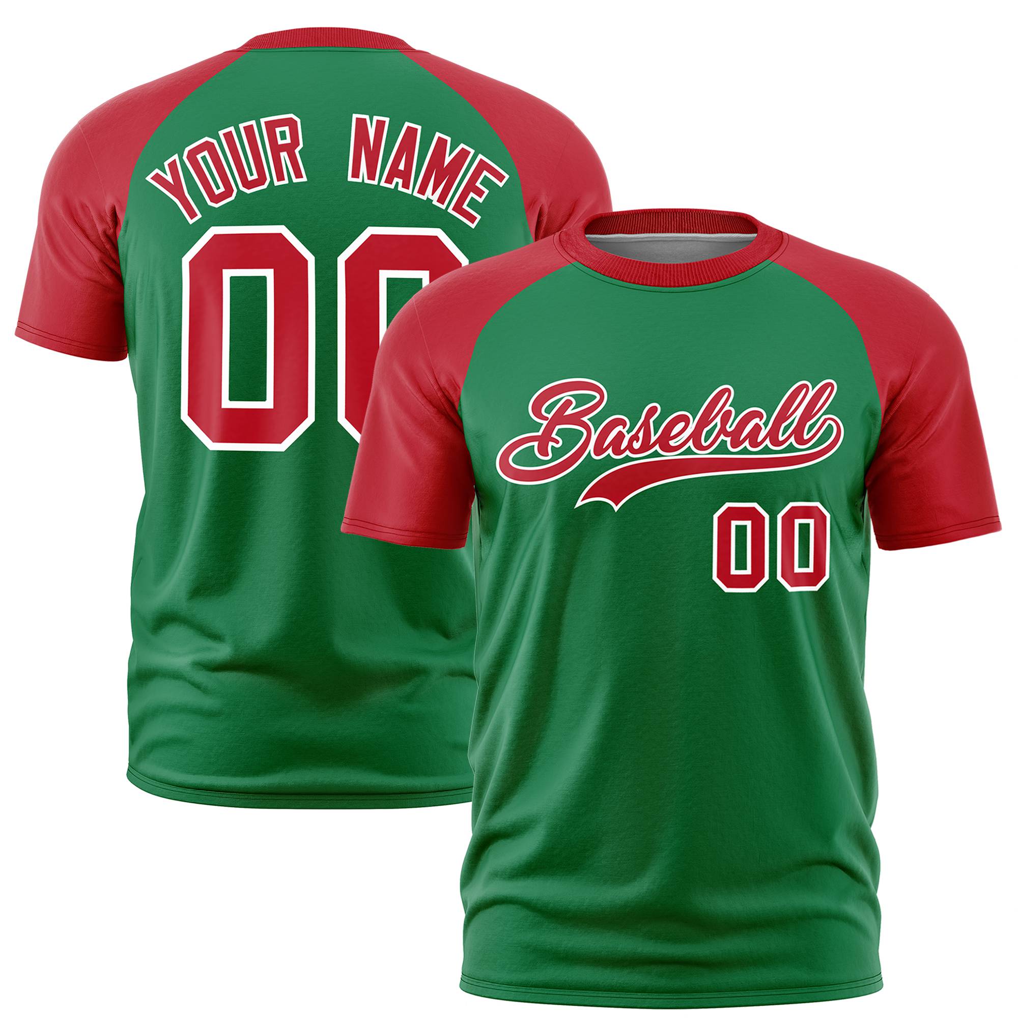 Custom Kelly Green Red Raglan Sleeves Performance T-Shirt