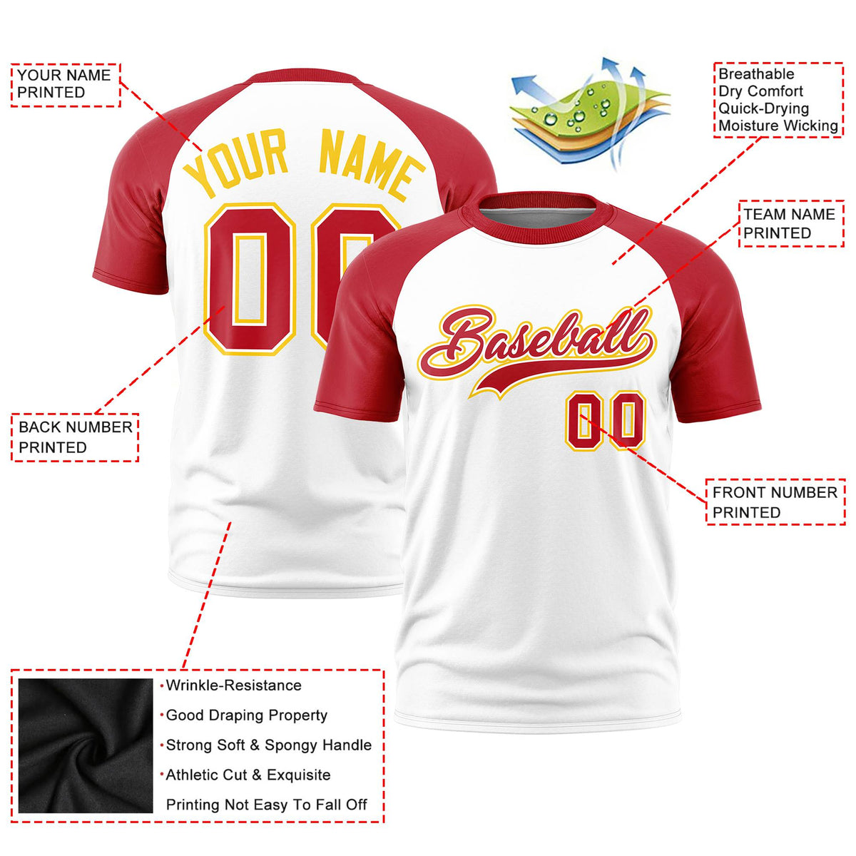 Custom White Red Raglan Sleeves Performance T-Shirt