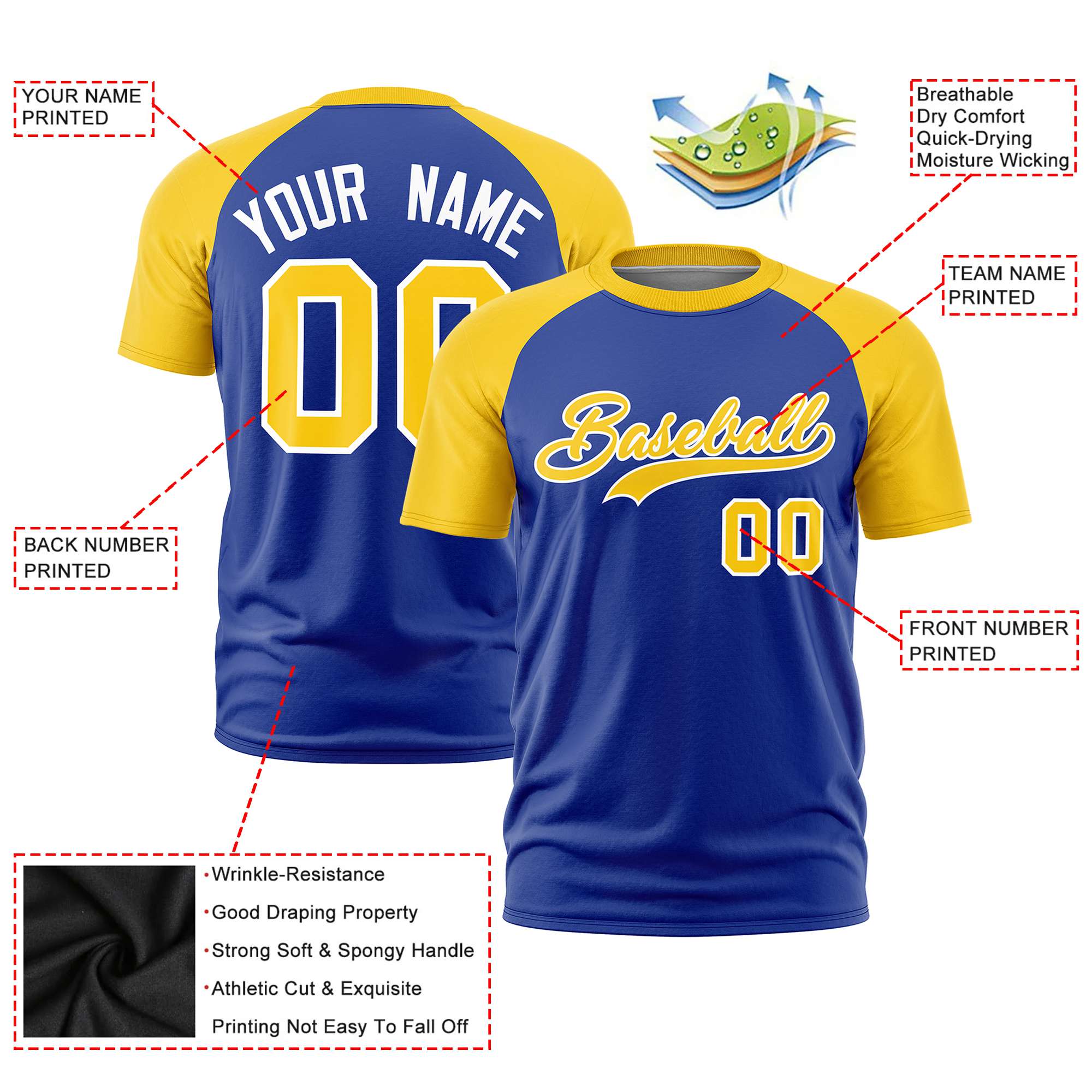 Custom Royal Blue Gold Raglan Sleeves Performance T-Shirt