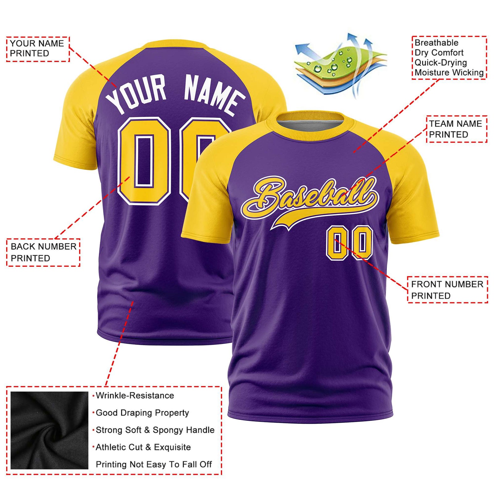 Custom Purple Gold Raglan Sleeves Performance T-Shirt