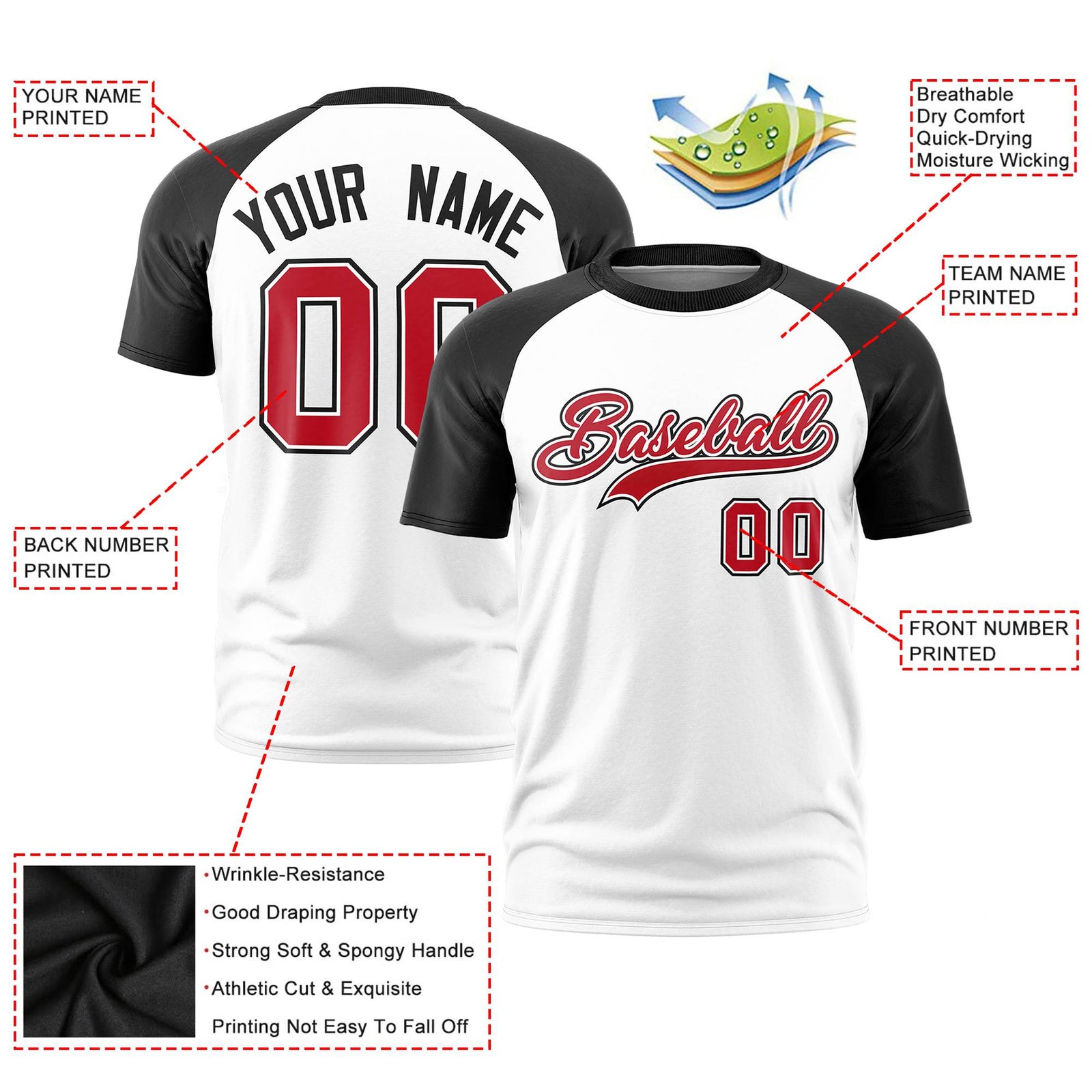 Custom White Black Raglan Sleeves Performance T-Shirt