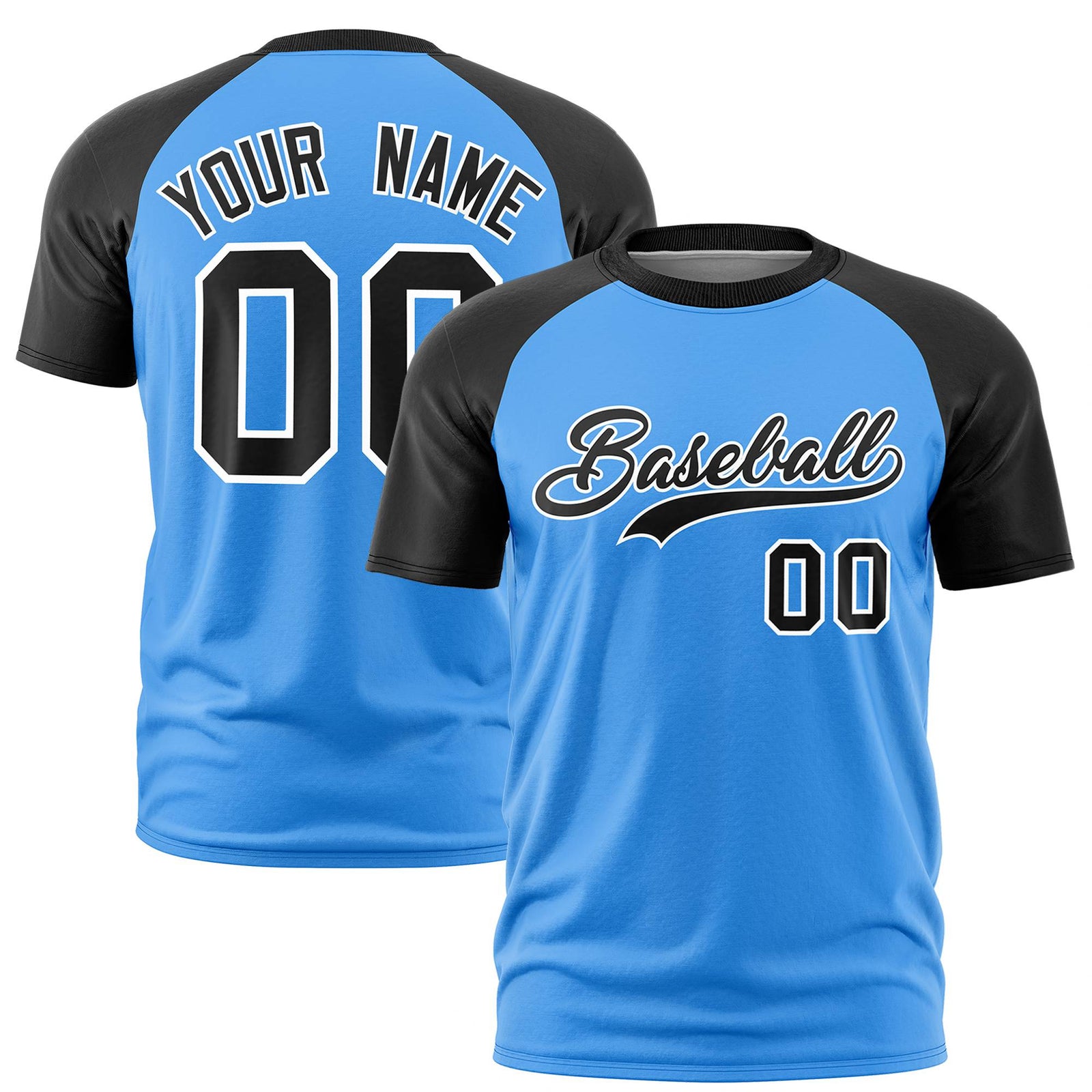 Custom Powder Blue Black Raglan Sleeves Performance T-Shirt