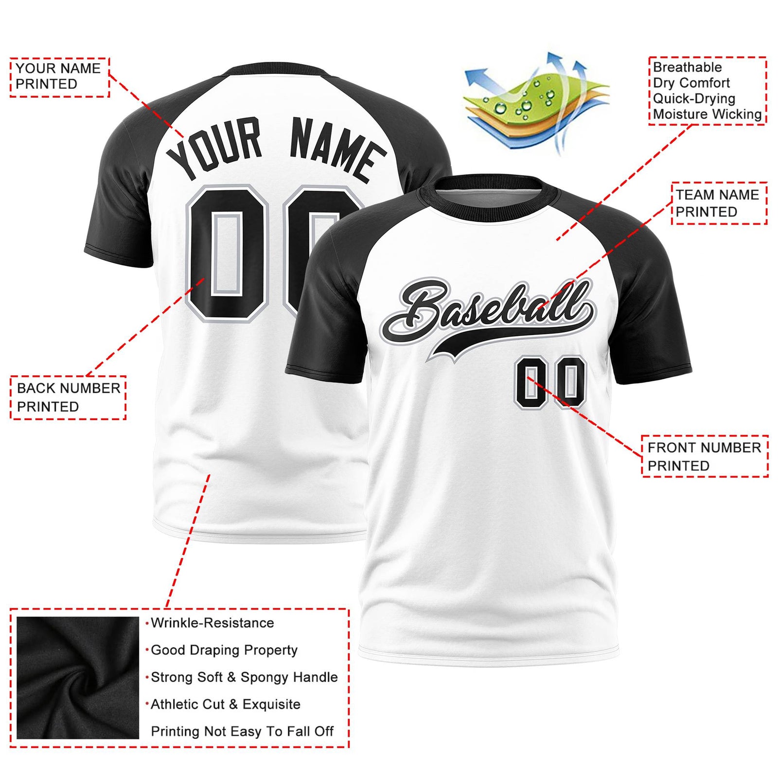 Custom White Black Raglan Sleeves Performance T-Shirt