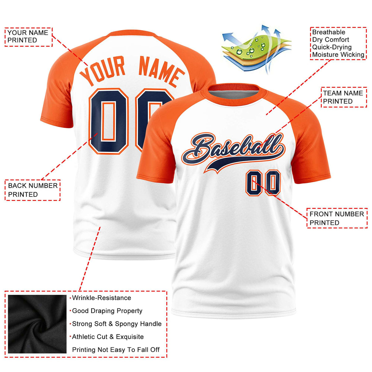 Custom White Orange Raglan Sleeves Performance T-Shirt