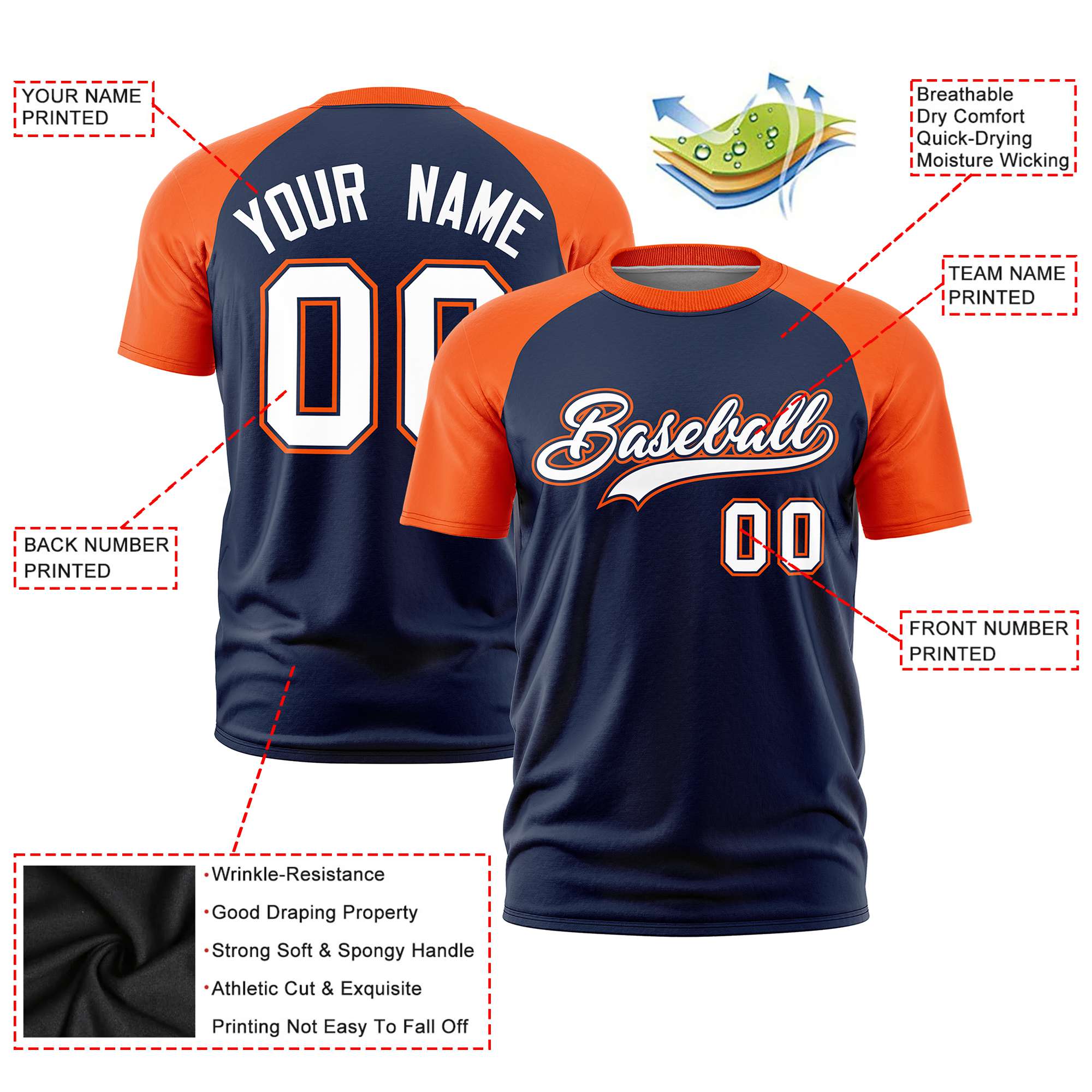 Custom Navy Orange Raglan Sleeves Performance T-Shirt