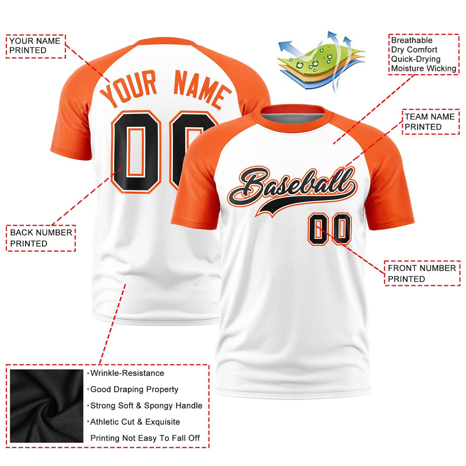 Custom White Orange Raglan Sleeves Performance T-Shirt