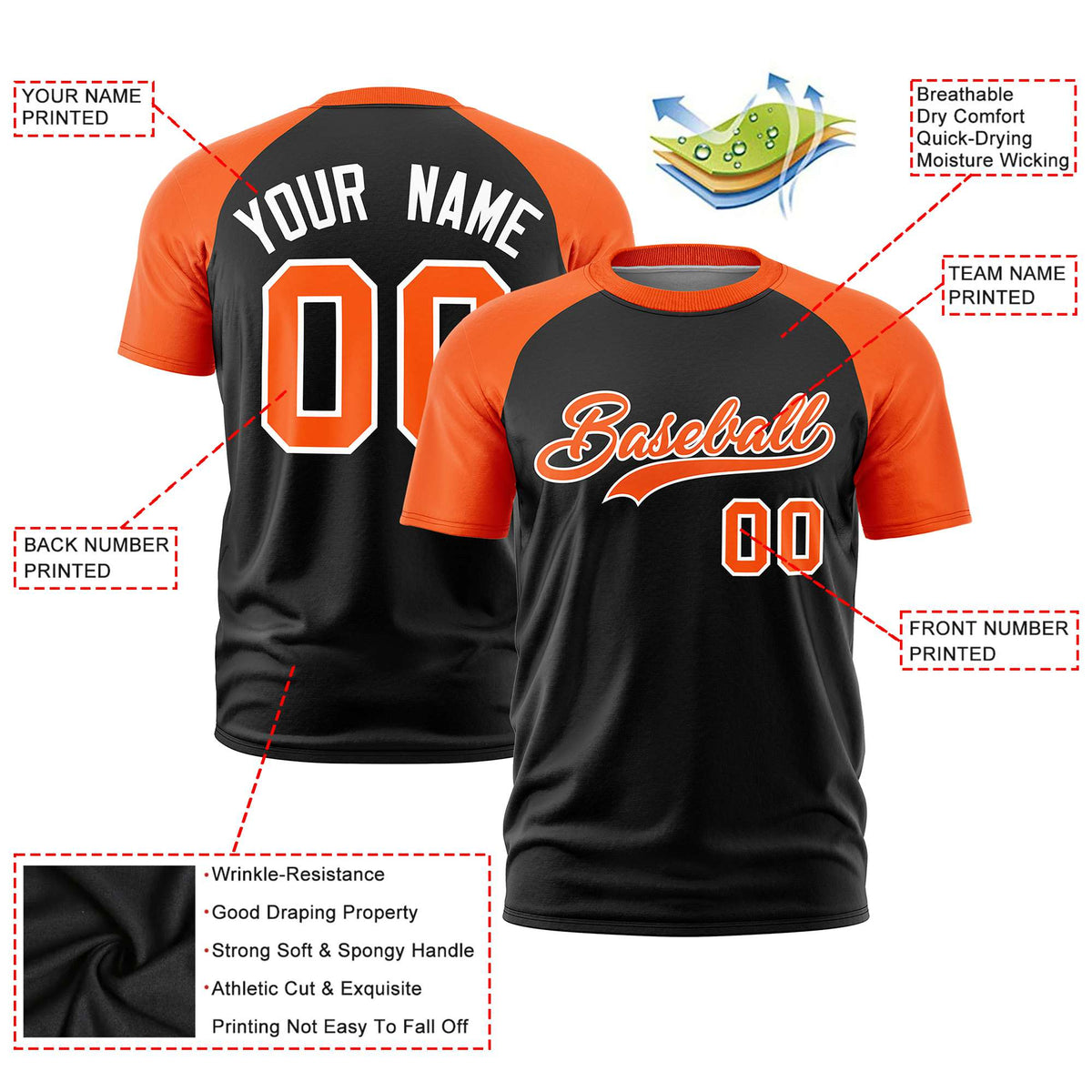 Custom Black Orange Raglan Sleeves Performance T-Shirt