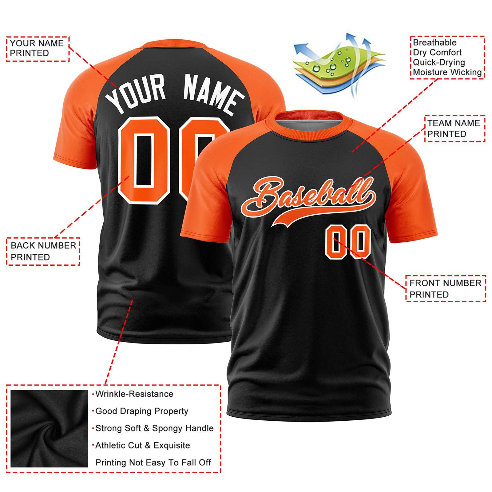 Custom Black Orange Raglan Sleeves Performance T-Shirt