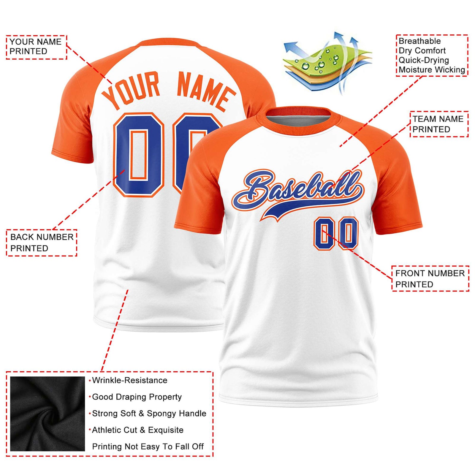 Custom White Orange Raglan Sleeves Performance T-Shirt