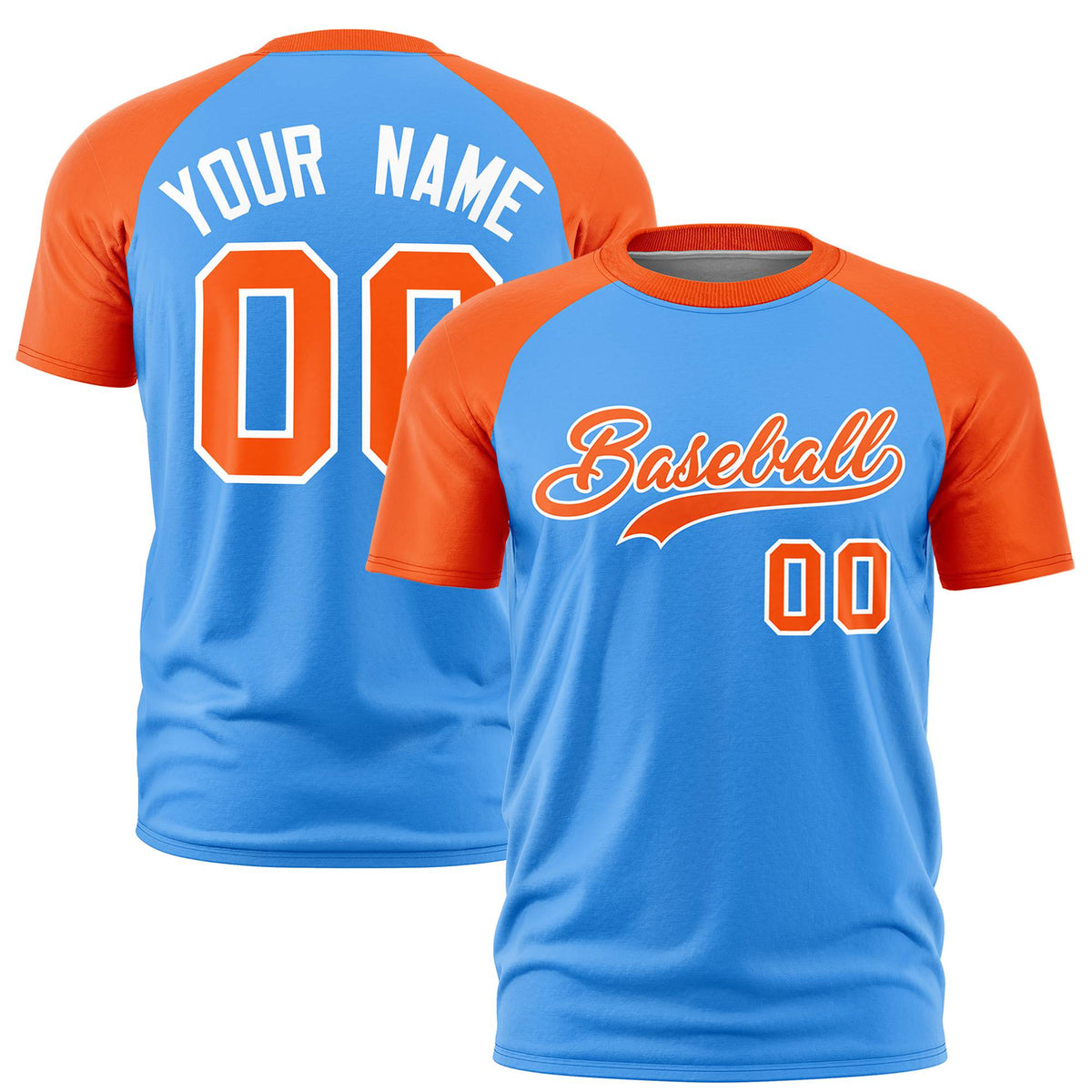 Custom Powder Blue Orange Raglan Sleeves Performance T-Shirt