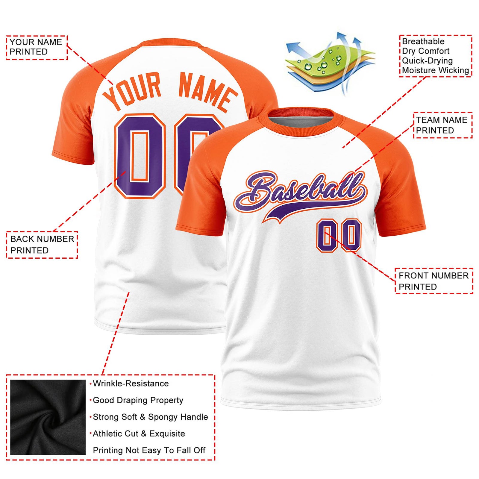 Custom White Orange Raglan Sleeves Performance T-Shirt