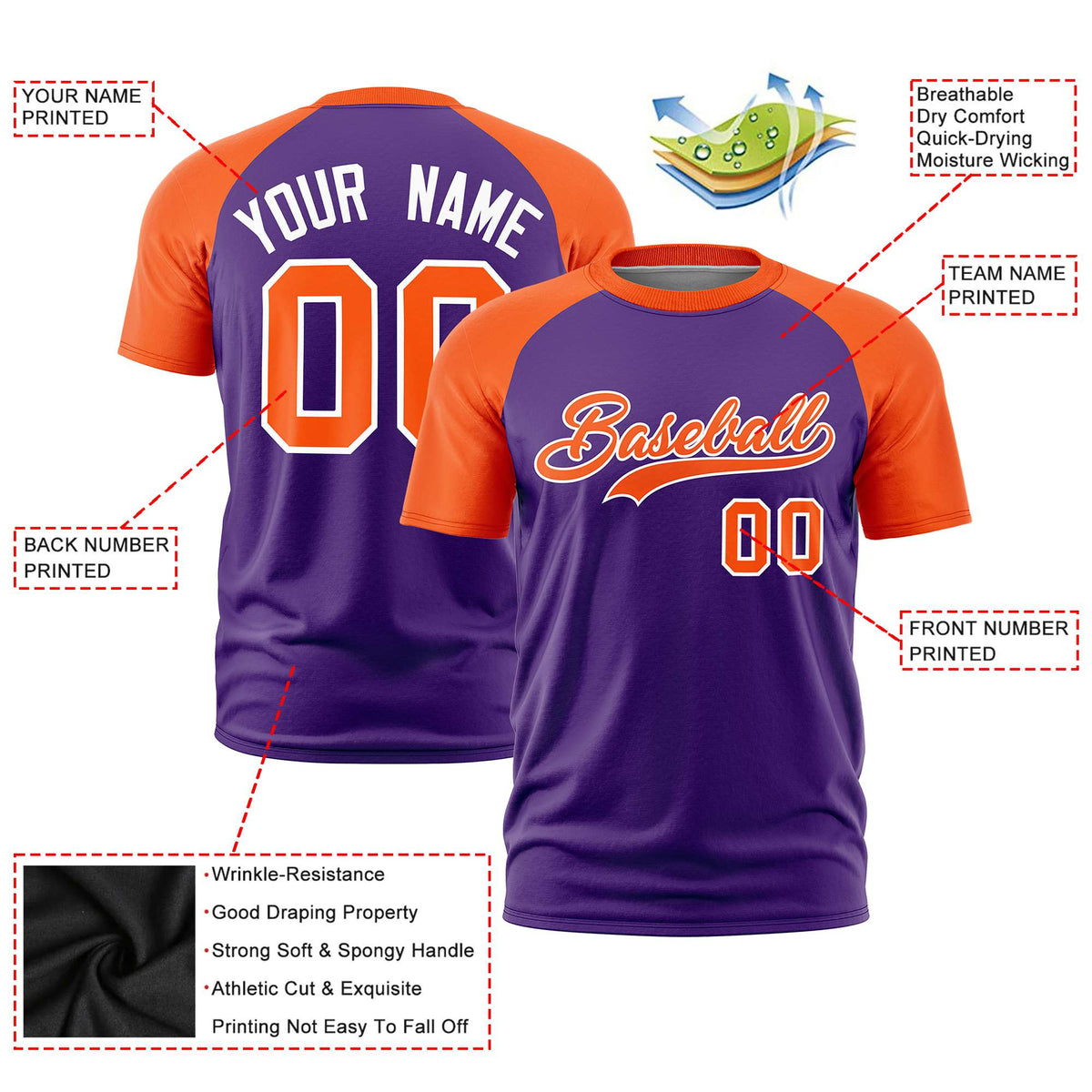 Custom Purple Orange Raglan Sleeves Performance T-Shirt
