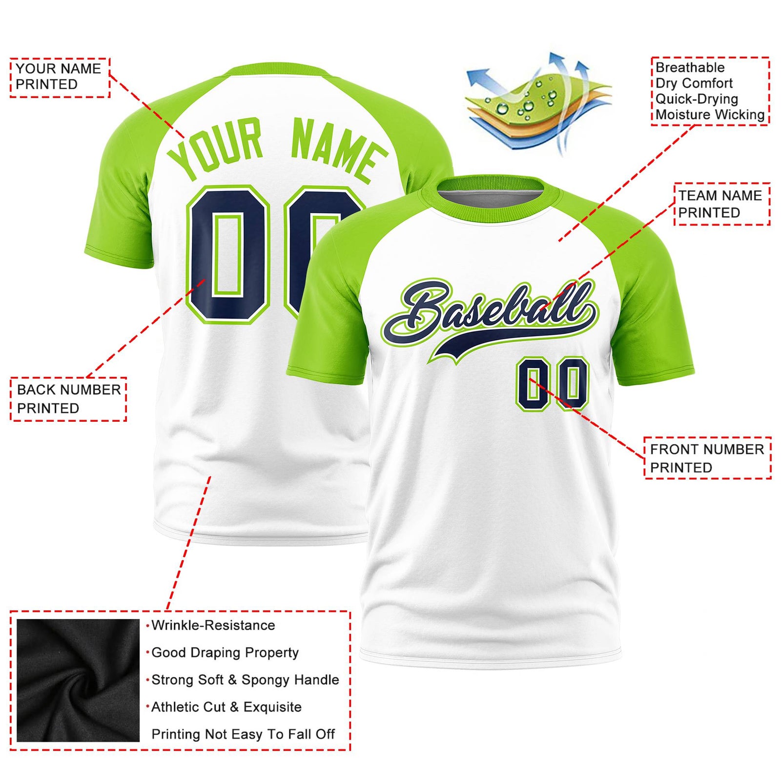 Custom White Neon Green Raglan Sleeves Performance T-Shirt