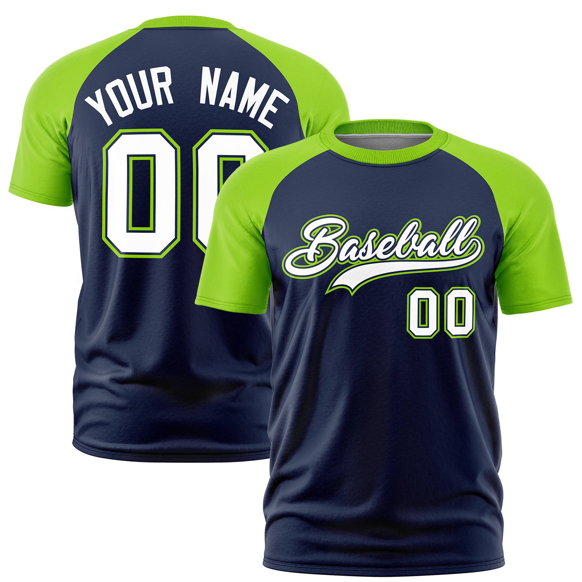 Custom Navy Neon Green Raglan Sleeves Performance T-Shirt