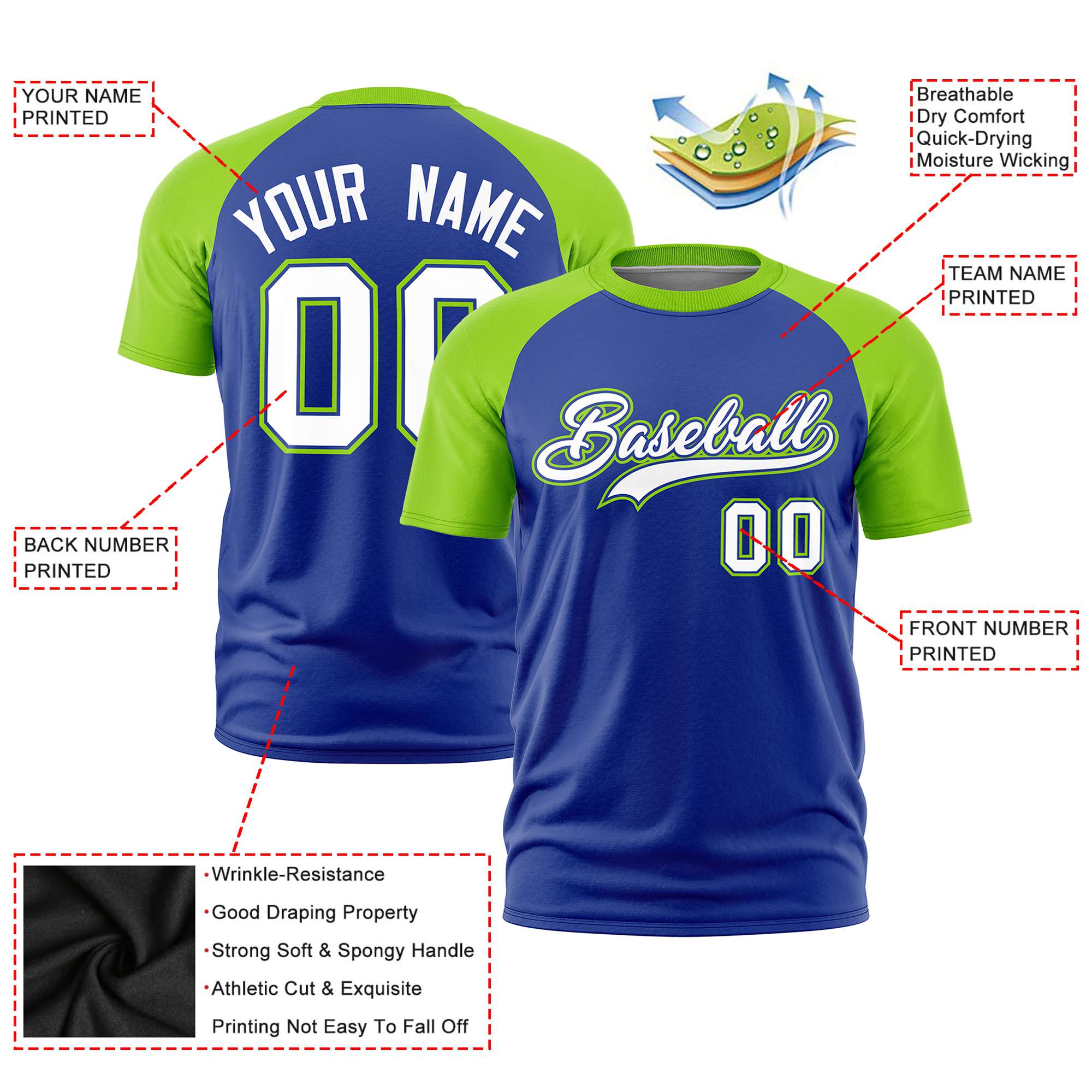 Custom Royal Blue-Neon Green Raglan Sleeves Performance T-Shirt
