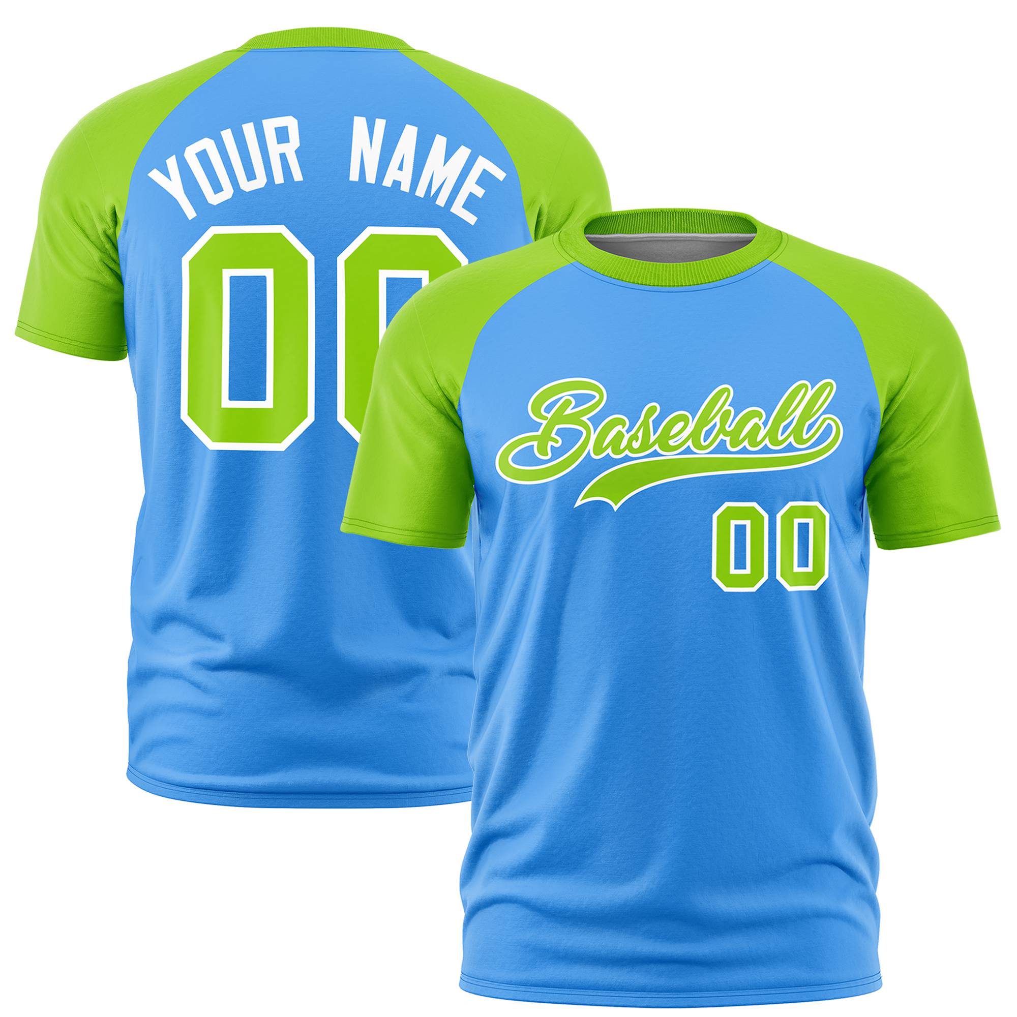 Custom Powder Blue-Neon Green Raglan Sleeves Performance T-Shirt