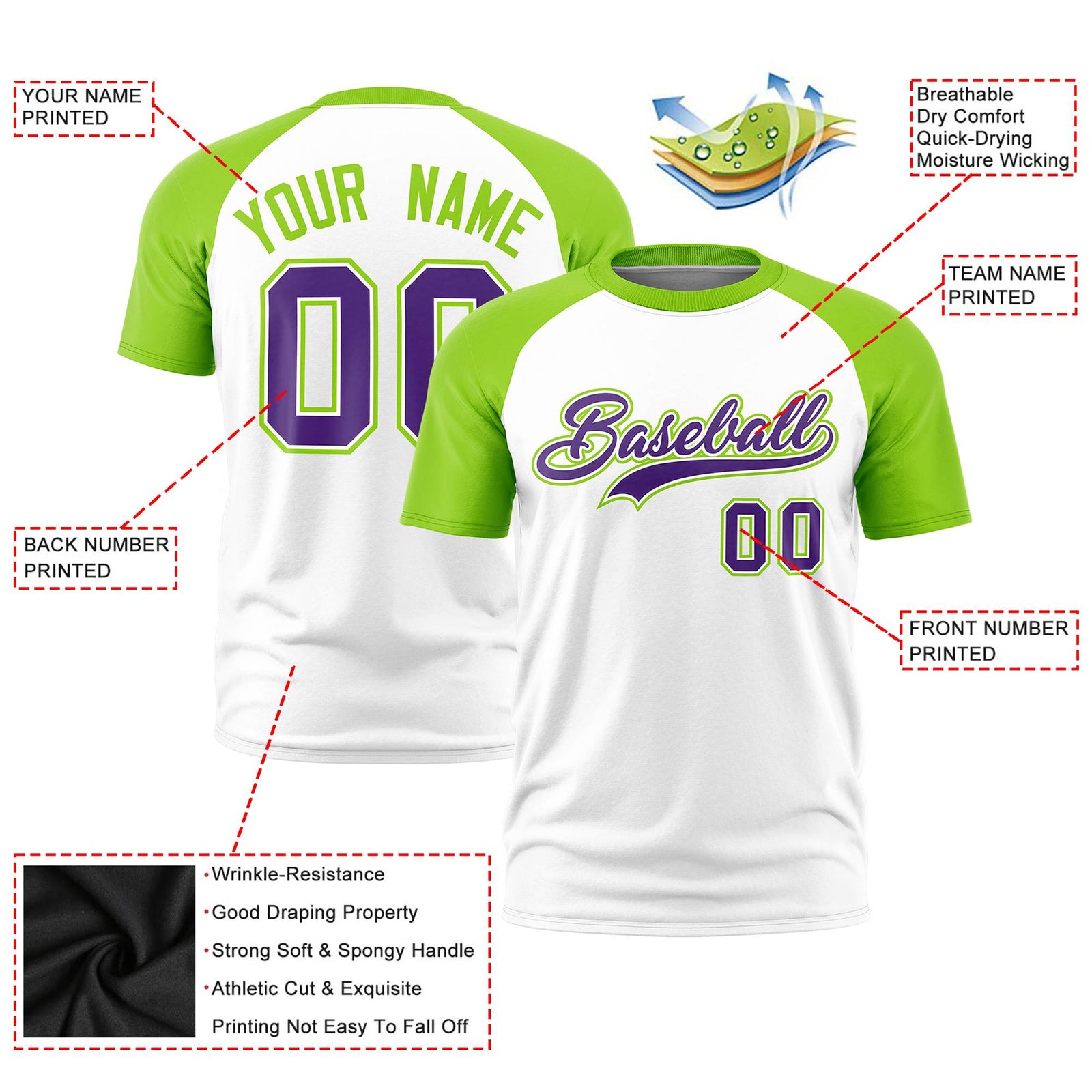 Custom White Neon Green Raglan Sleeves Performance T-Shirt