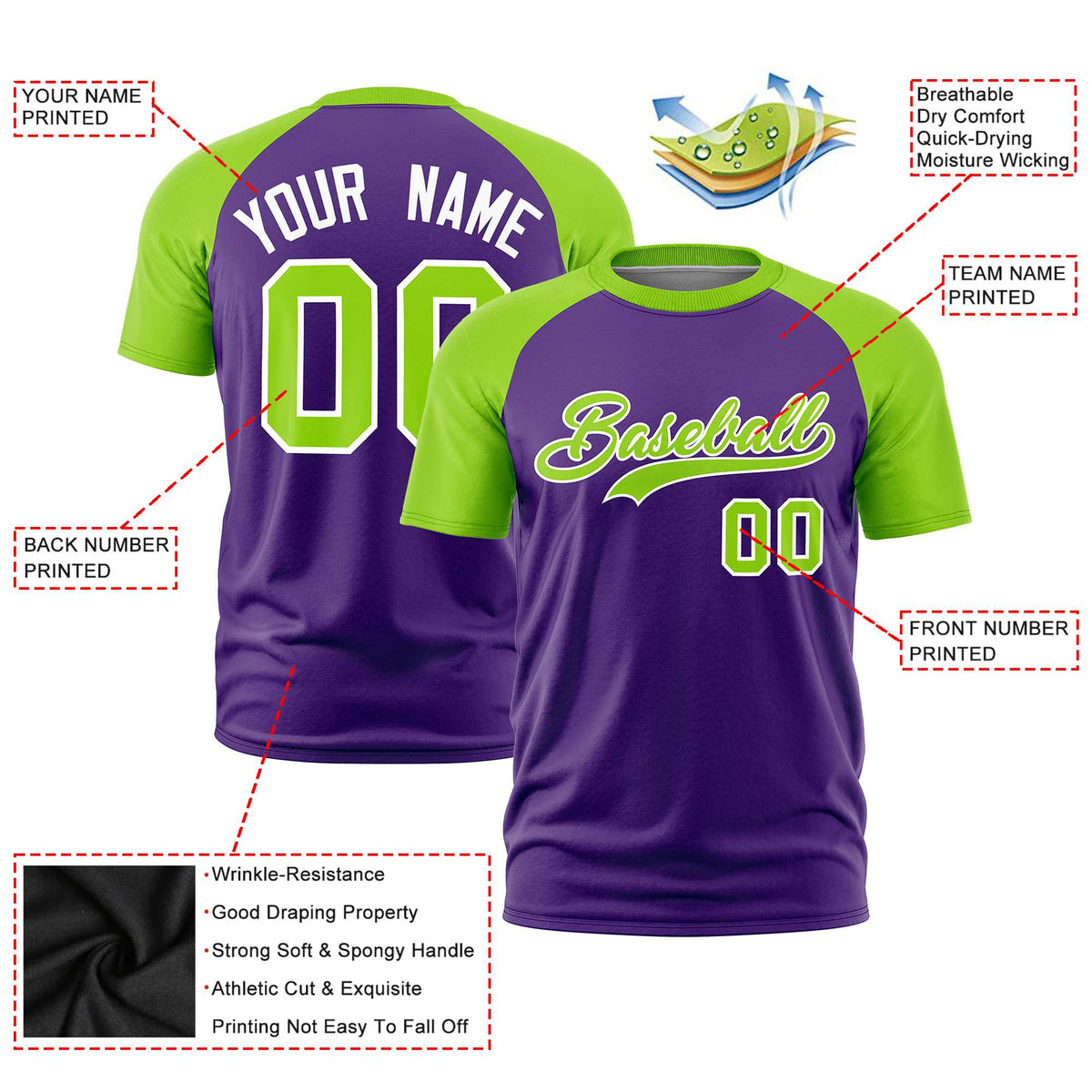 Custom Purple Neon Green Raglan Sleeves Performance T-Shirt