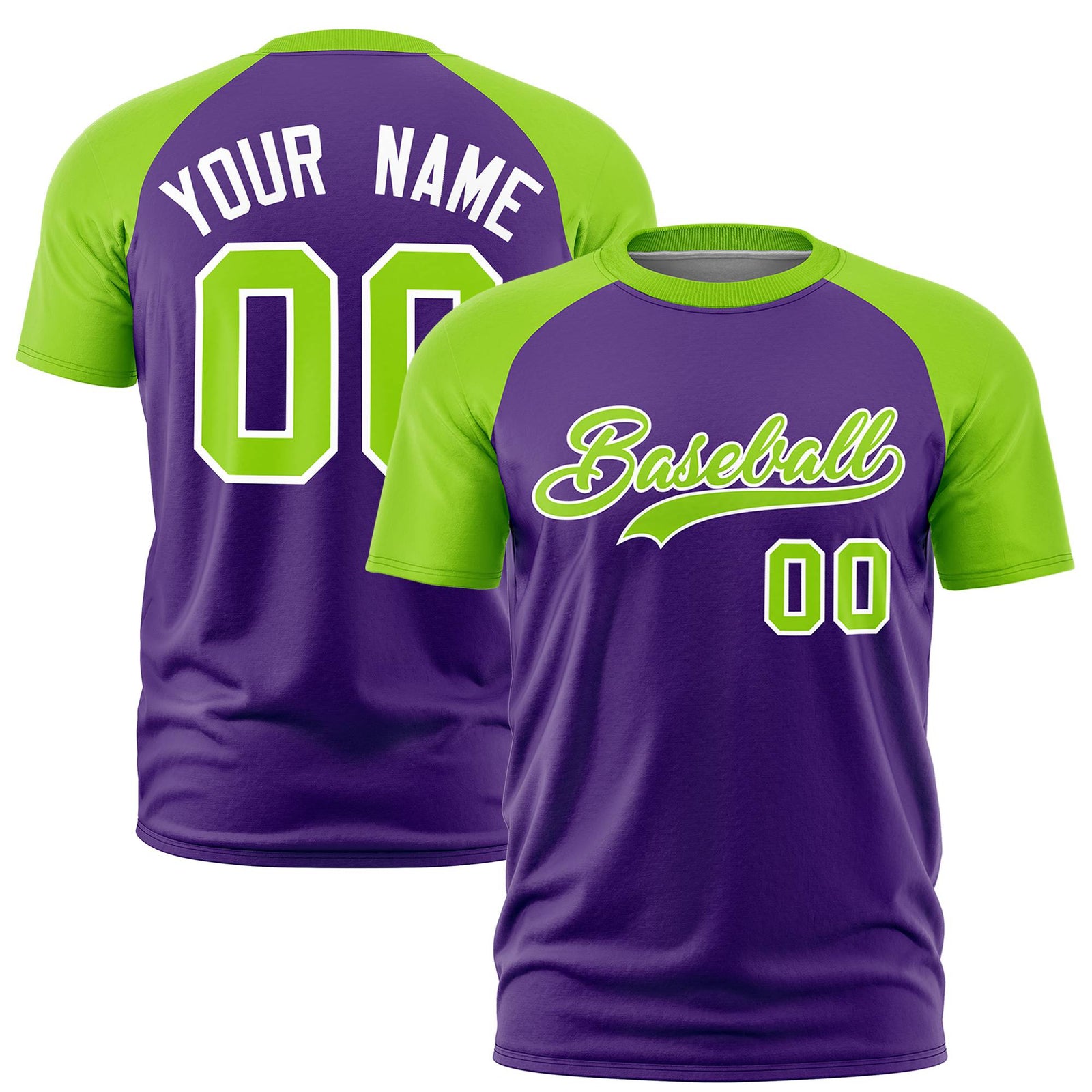 Custom Purple Neon Green Raglan Sleeves Performance T-Shirt
