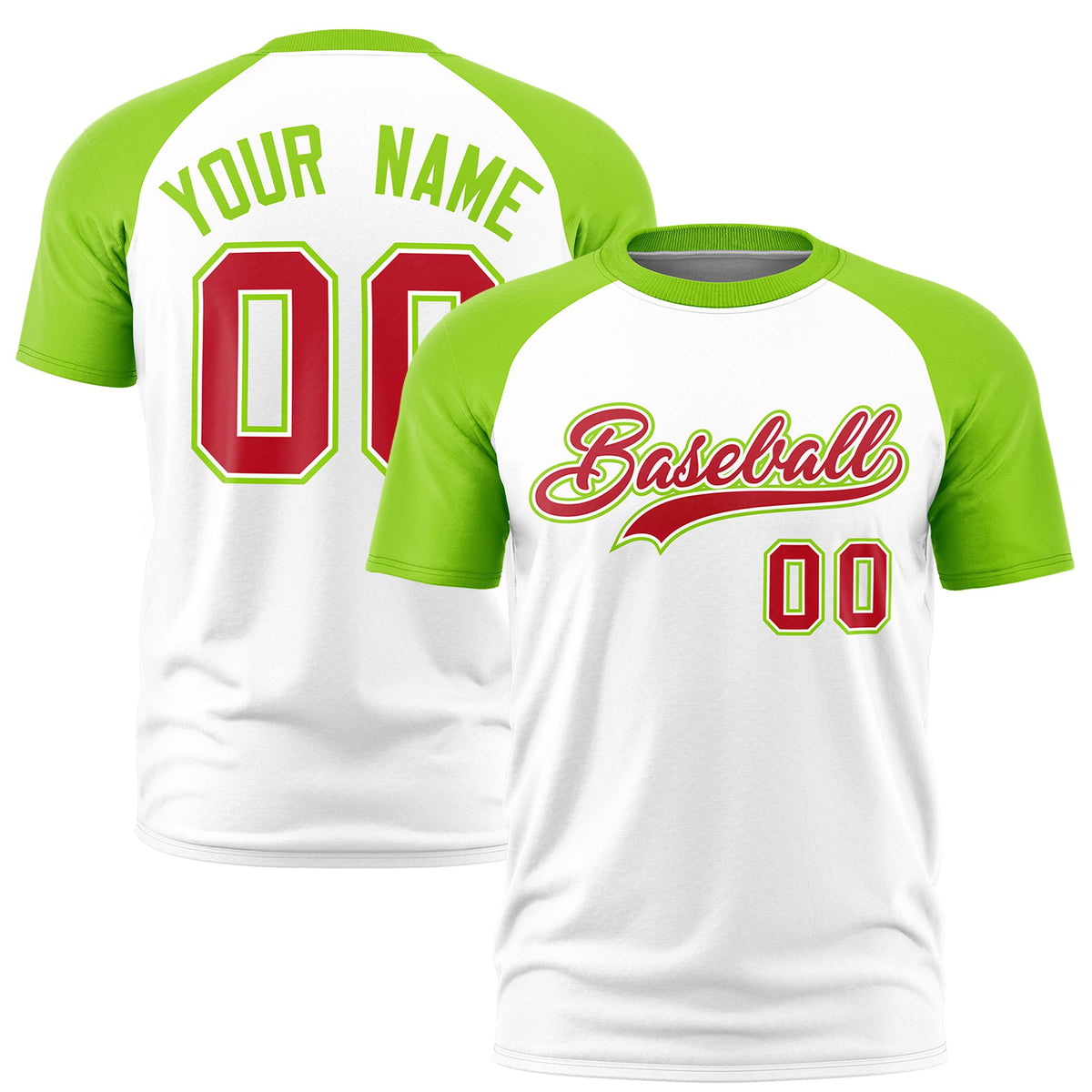Custom White Neon Green Raglan Sleeves Performance T-Shirt