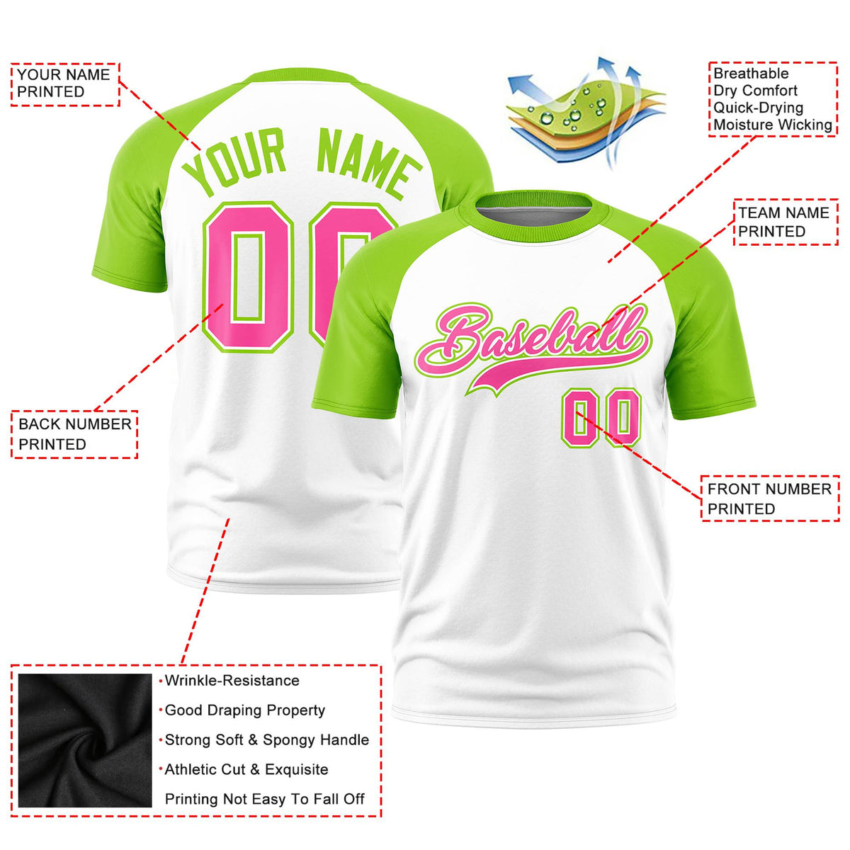 Custom White Neon Green Raglan Sleeves Performance T-Shirt