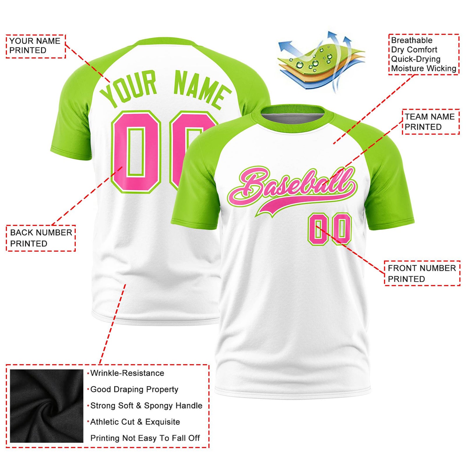 Custom White Neon Green Raglan Sleeves Performance T-Shirt