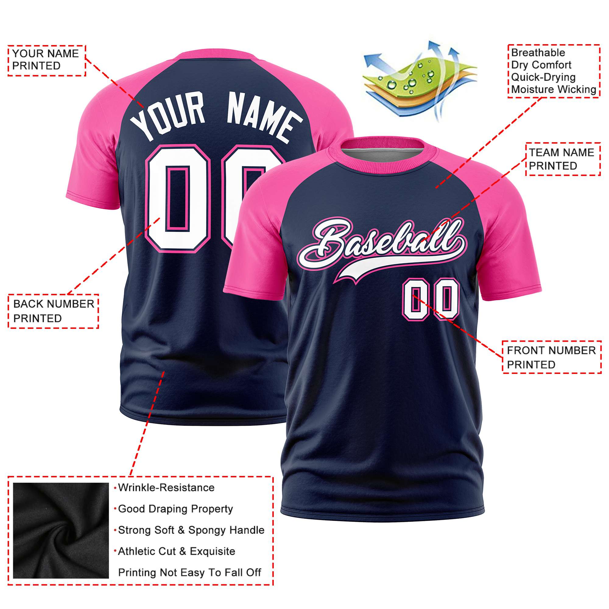 Custom Navy Pink Raglan Sleeves Performance T-Shirt