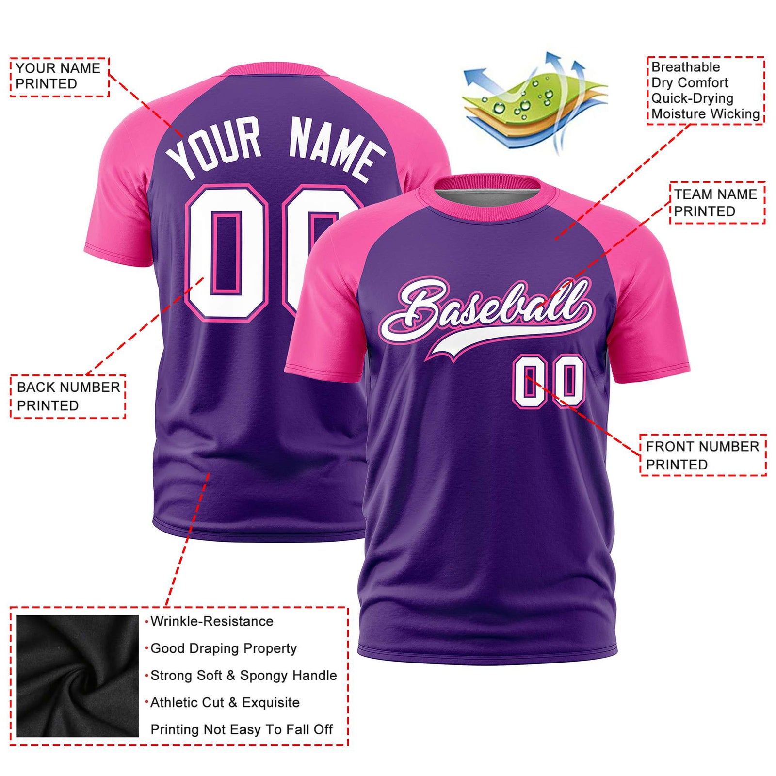 Custom Purple Pink Raglan Sleeves Performance T-Shirt