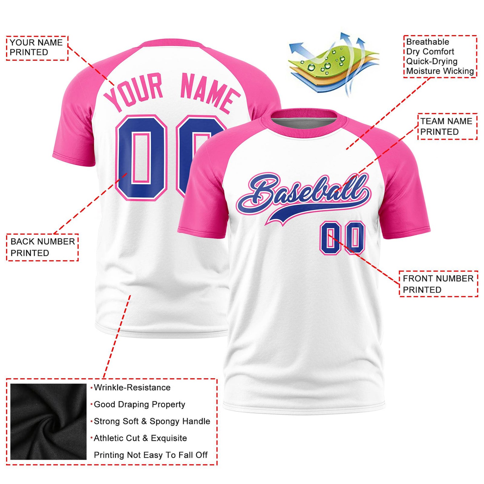 Custom White Pink Raglan Sleeves Performance T-Shirt