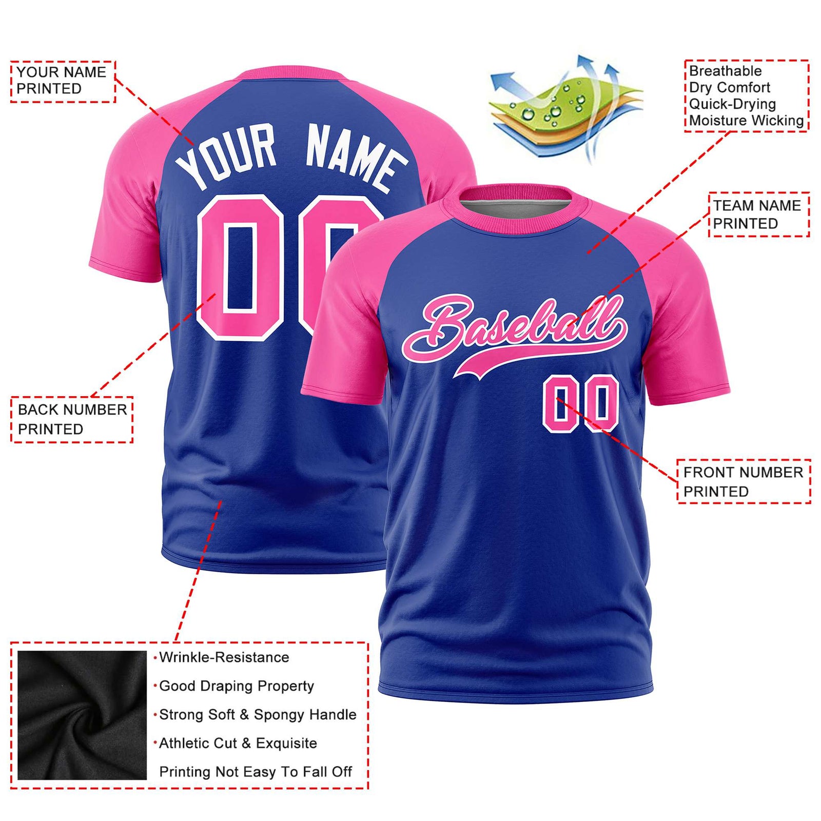 Custom Royal Blue Pink Raglan Sleeves Performance T-Shirt
