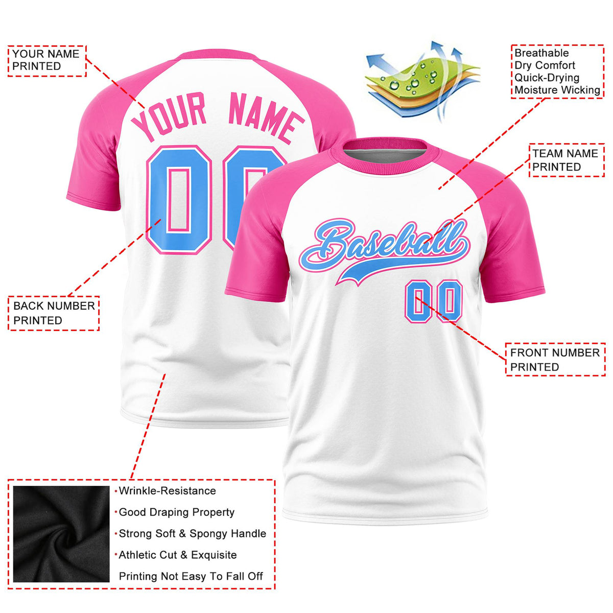 Custom White Pink Raglan Sleeves Performance T-Shirt